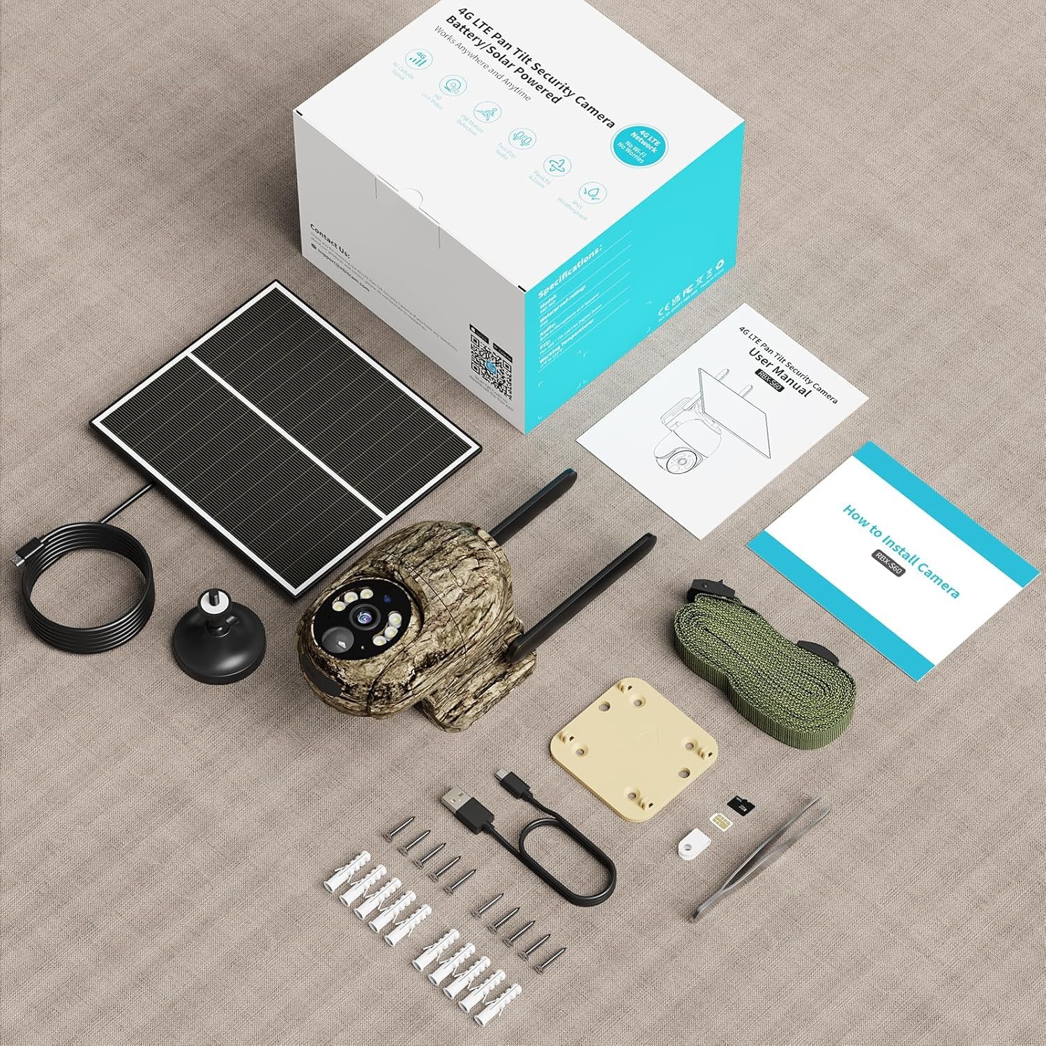 4G Camara Vigilancia Exterior con Tarjeta SIM, 2K 360° Inalámbrico Solar Cámara con 30M Visión Nocturna Color, Detección de Movimiento, Audio Bidireccional, IP66 Impermeable