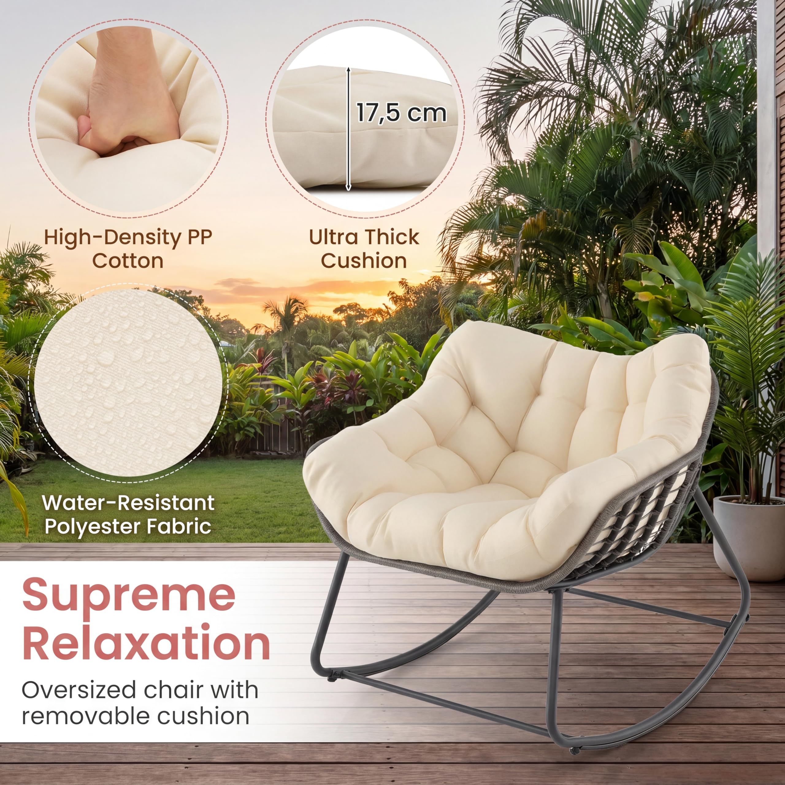 SOARS Fauteuil à Bascule de Jardin, Chaise à Bascule Papasan en Rotin avec Coussin Rembourré et Amovible, Cadre en Métal, Charge 150 KG, pour Intérieur et Extérieur, Salon Balcon Terrasse, Beige