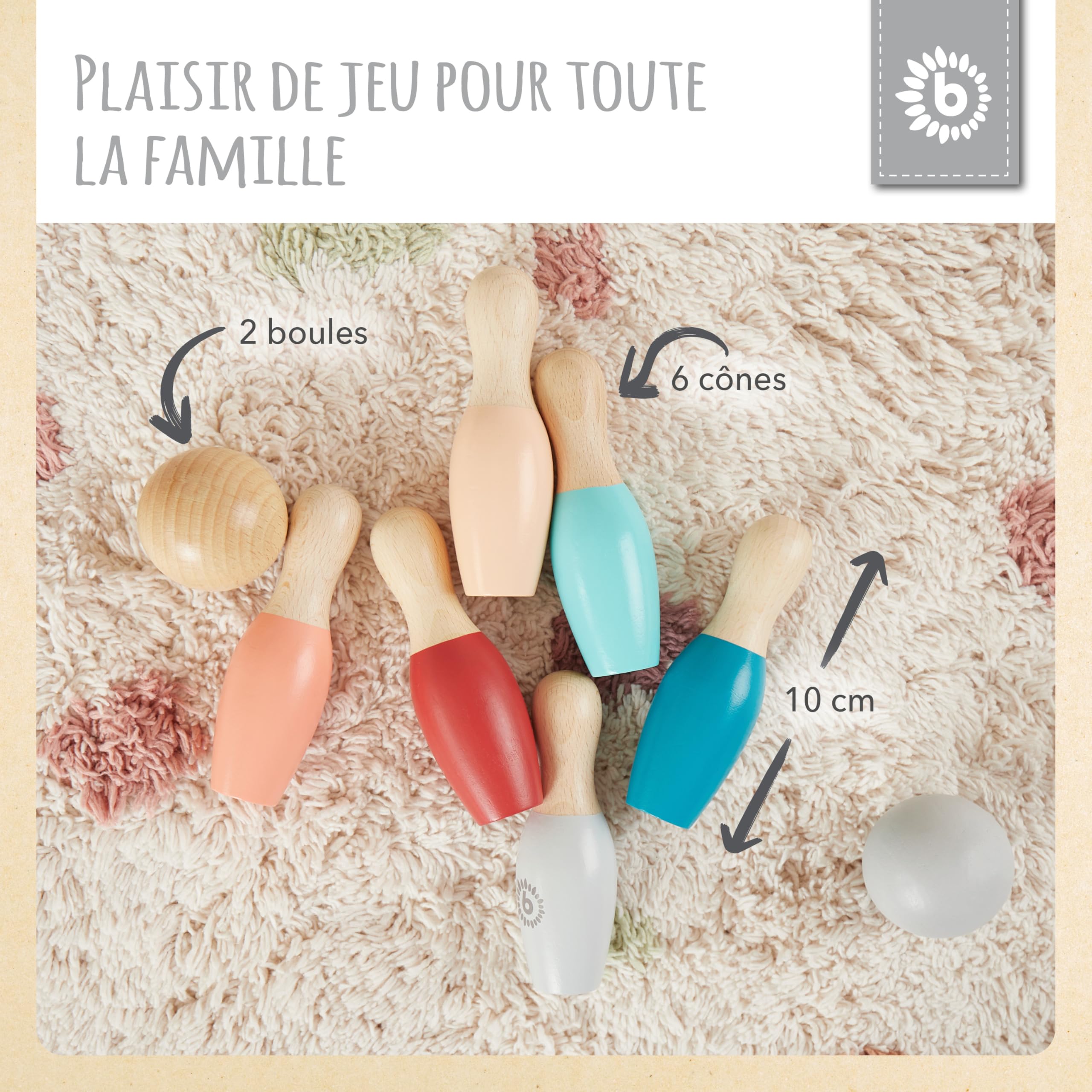 Bieco Mini jeu de quilles en bois pour enfant - 8 pièces - Jeu de bowling - Jouet d'extérieur - Jeux d'extérieur pour enfants - Cône pour adultes - Jeu de jardin