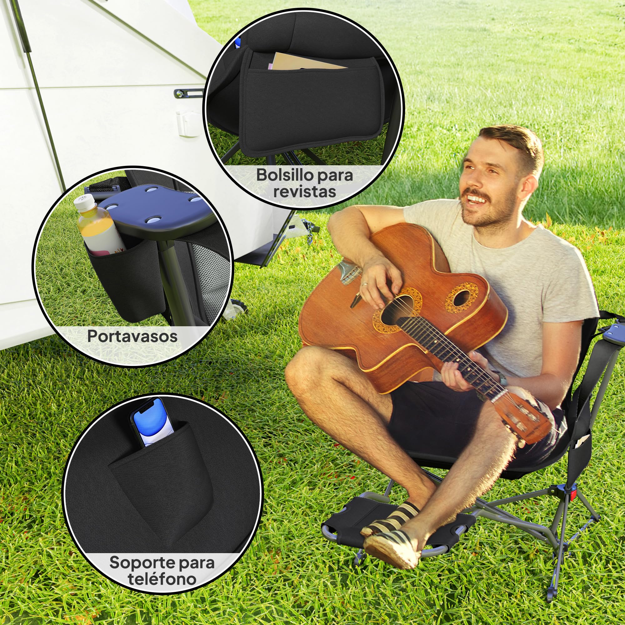 Outsunny Mecedora Jardín Exterior con Reposapiés Pack 2 120 kg Negro | Silla Plegable de Camping, Reposacabezas, Portavasos, Bolsillos, Bolsa de Transporte, para Playa Camping Pesca