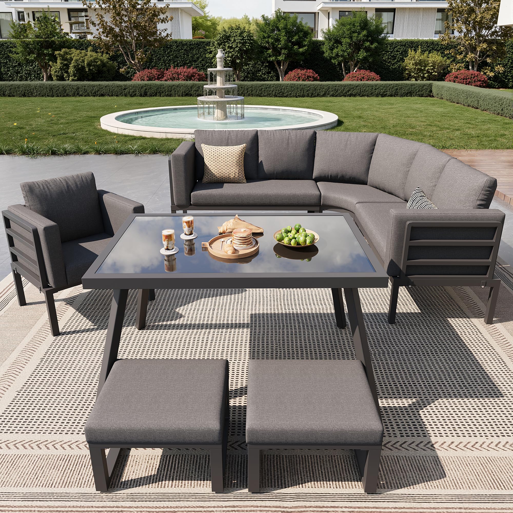 Mrwoo Halbmond Sofaset für 8 Personen mit Glastisch, 1 Sessel & 2 Hocker, Wetterfeste Gartenmöbel aus Eisengestell mit grauen Polstern für Terrasse & Balkon (Grau)