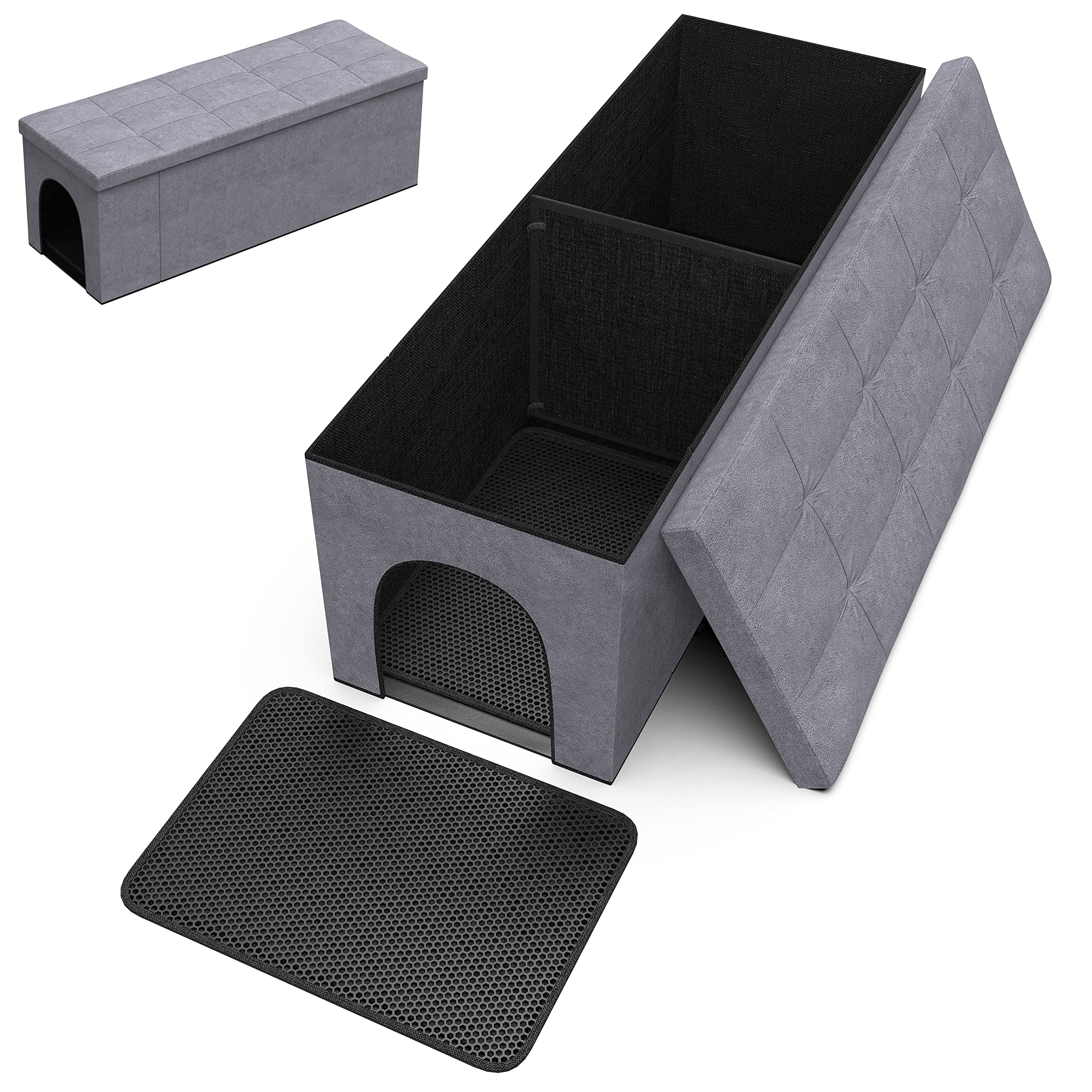 PATHOSIO PETS Cat Litter Box Furniture Hidden Litter Box Enclosure - Footstool Hidden Cat Litter Box with Waterproof Mat, Modern Cat Litter Box Enclosure for Large Cats & All Cat Sizes - Grey, Large