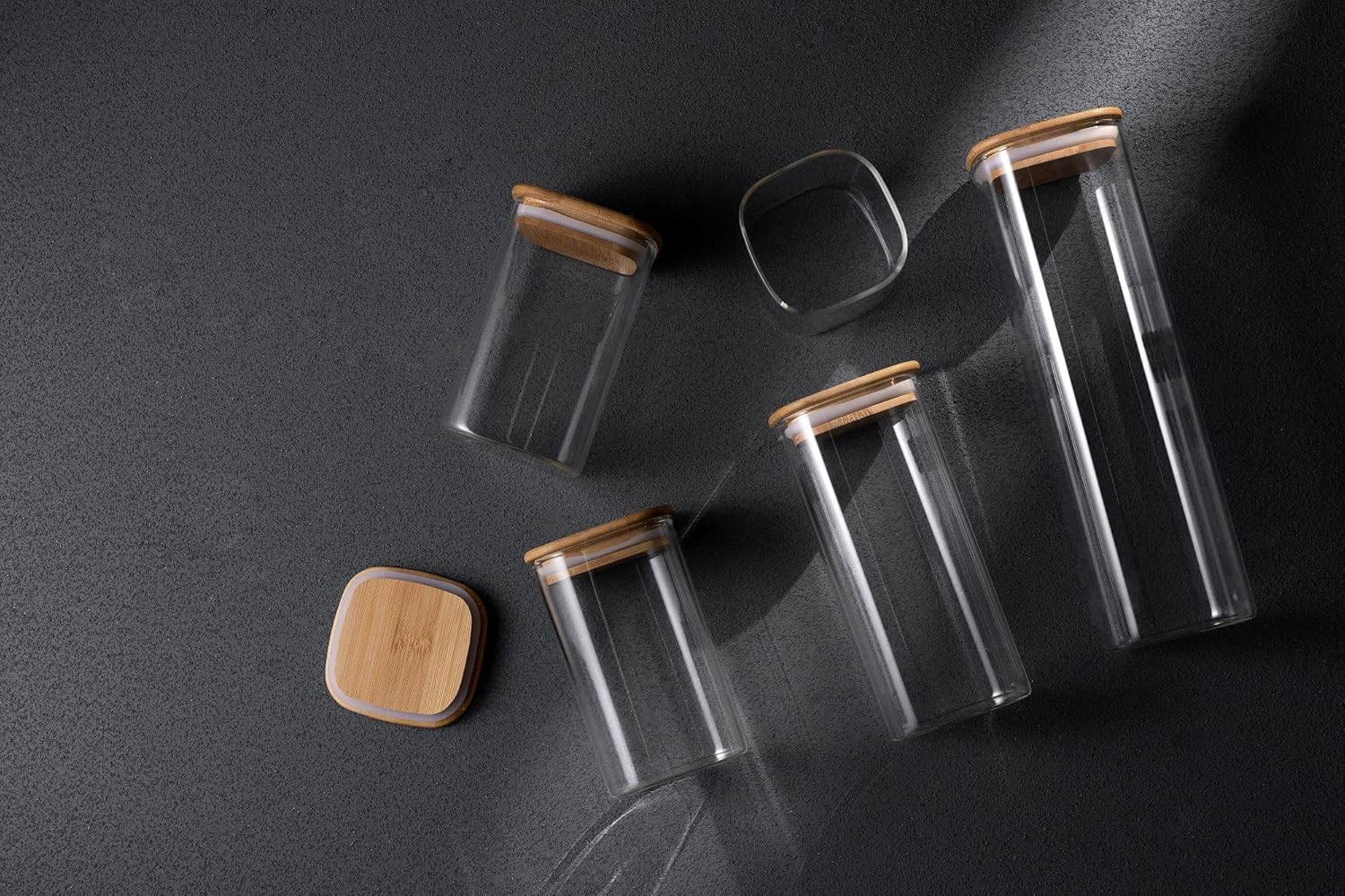 GENICOOK Glass Food Storage Jars,Spaghetti Pasta Storage Container,Borosilcate Glass Canister Set with Eco-Friendly Bamboo Lids for Noodles Flour Cereal Coffee Beans - 10 pc set