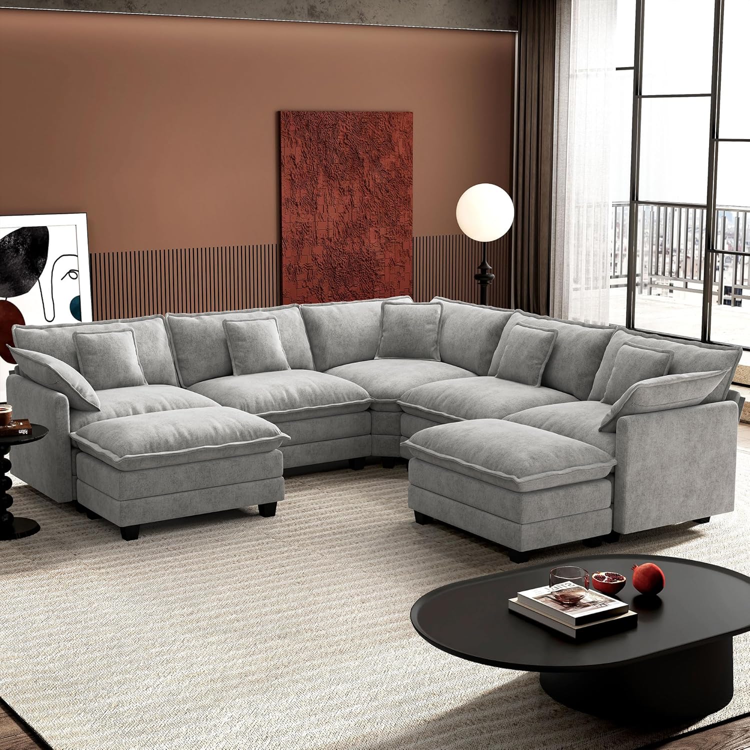 iHanHerry 114" Grey V-Shaped Modular Cloud Couch Sectional Sofa with 2 Ottomans, 7-Seat Chenille Deep Seat for Living Room