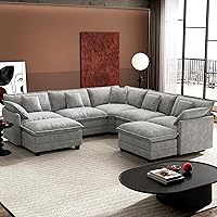 iHanHerry 114" Grey V-Shaped Modular Cloud Couch Sectional Sofa with 2 Ottomans, 7-Seat Chenille Deep Seat for Living Room
