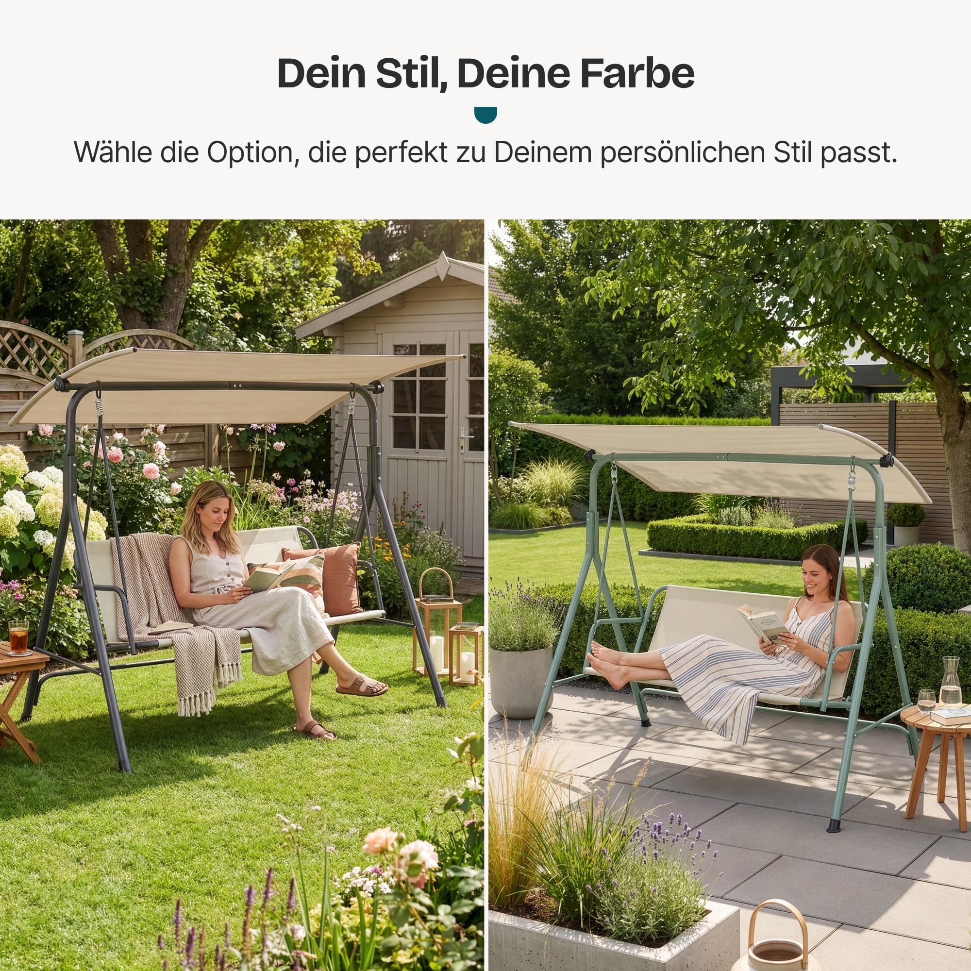 [en.casa] Hollywoodschaukel 3 Sitzer Satten Gartenschaukel Outdoor mit Gestell max. 220 kg mit Dach wetterfest Schaukelbank Balkon 173 x 119 x 153 cm Hellgrün/Beige
