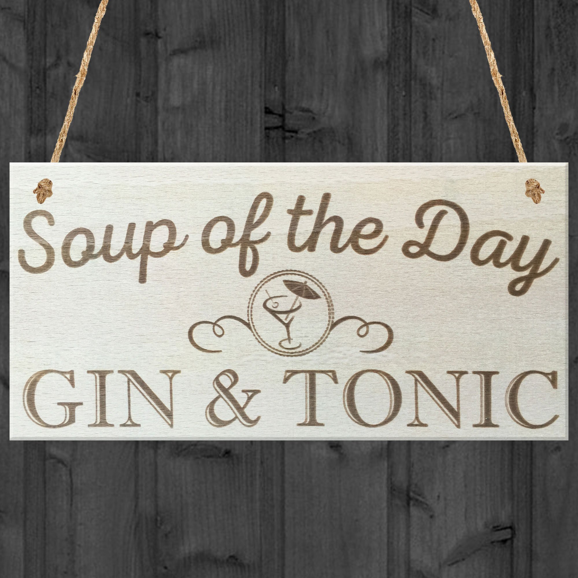 Red Ocean Soup Of The Day Gin & Tonic Novelty Wooden Hanging Plaque Alcohol Joke Gift Sign