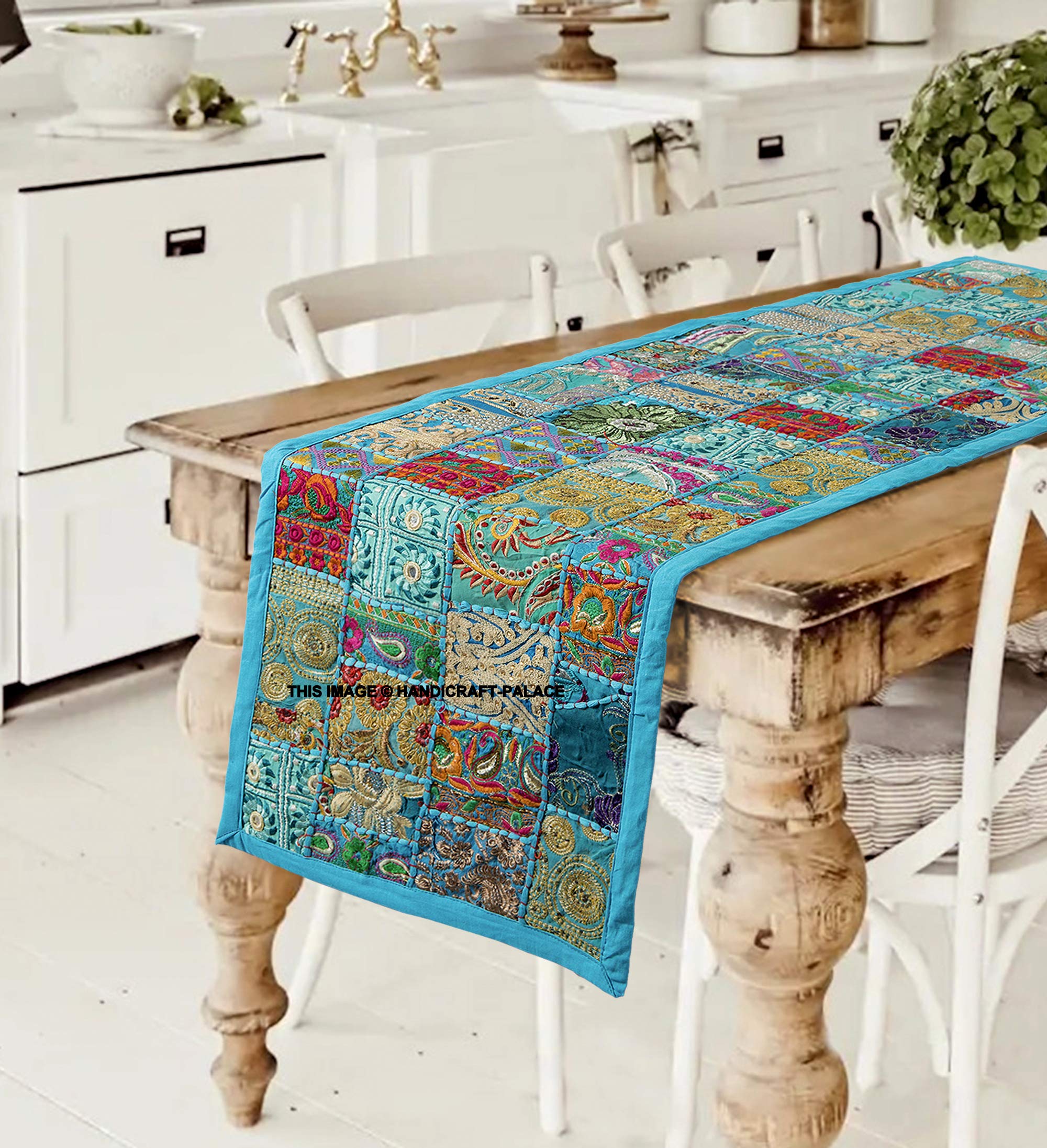 Ravaiyaa - Attitude is everything Cotton Wall Hanging Patchwork Runner Tapestries Wall Decor Table Runner (Turquoise)