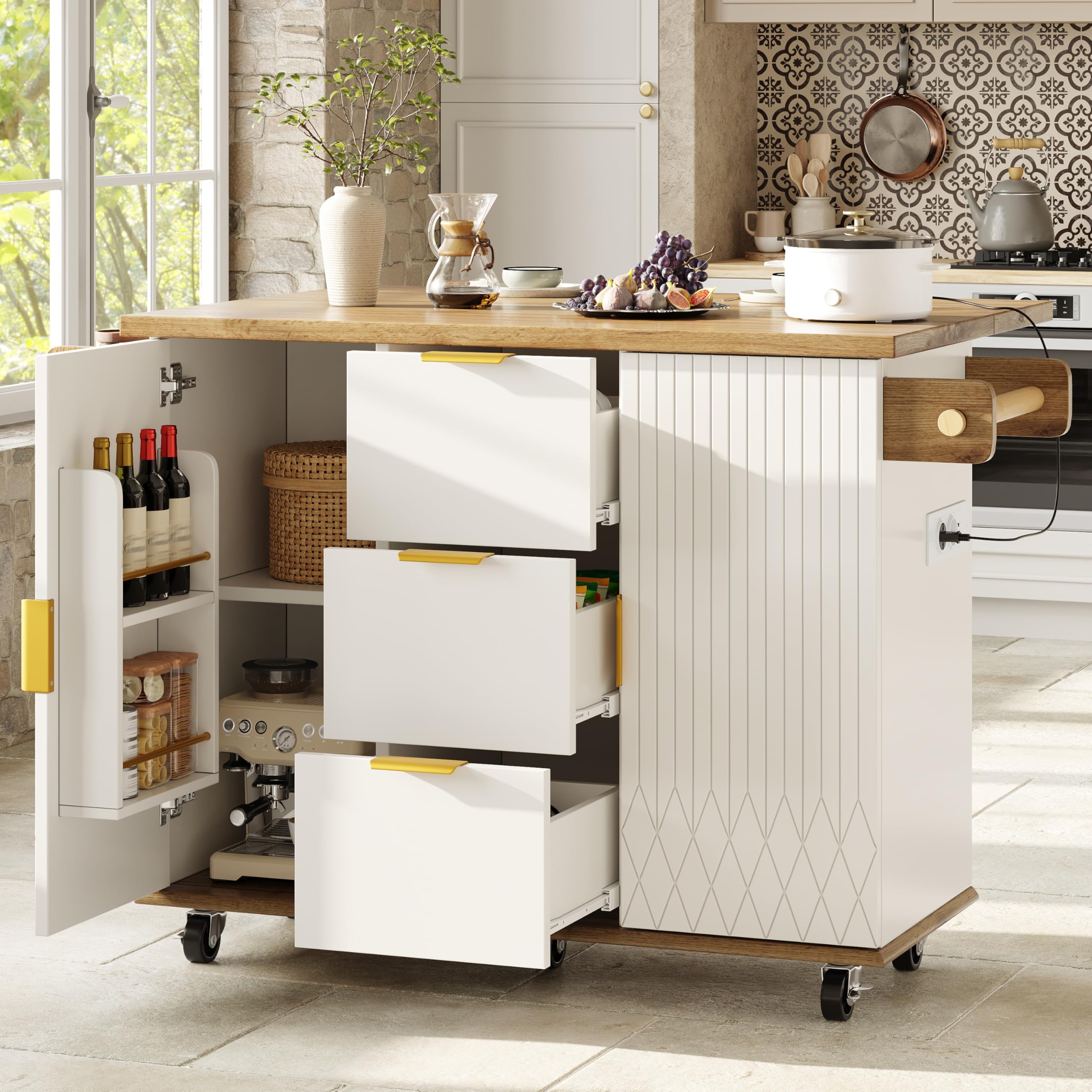 Carrito de cocina con encimera plegable y toma eléctrica, mueble de cocina móvil de isla con ruedas, aspecto, isla cocina, carro cocina, carro portavande,mueble cocina, 134 x 46 x 88 cm