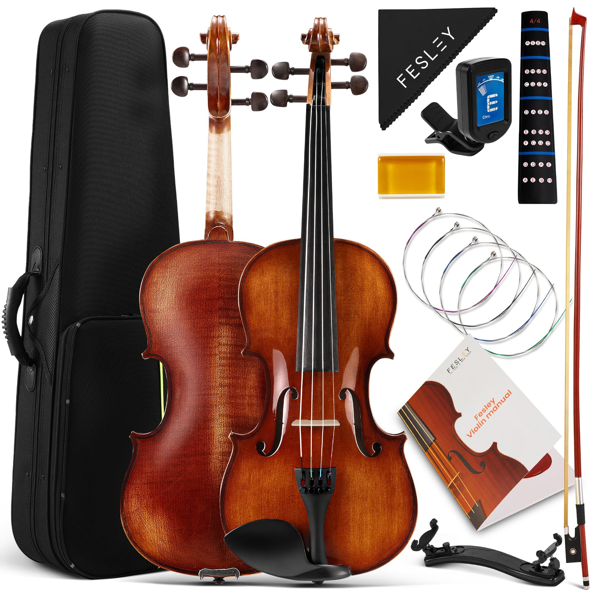 FesleyViolin 4/4 Full Set: Flamed Maple Solid Wood Fiddle Violins with Hard Case, Full Size Violin Kit with Bow, Rosin, Shoulder Rest, Tuner, Extra Strings, Cleaning Cloth, Finger Guide