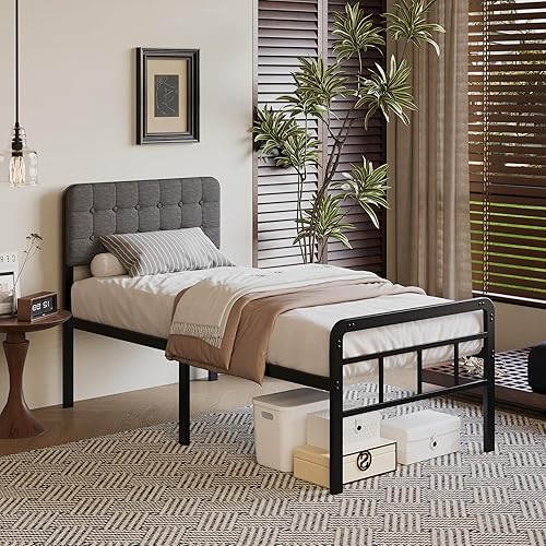 Miniatura 5 de Base de cama individual XL de 18 pulgadas con cabecero tapizado y estribo, listones de metal resistente, con almacenamiento debajo de la cama, sin