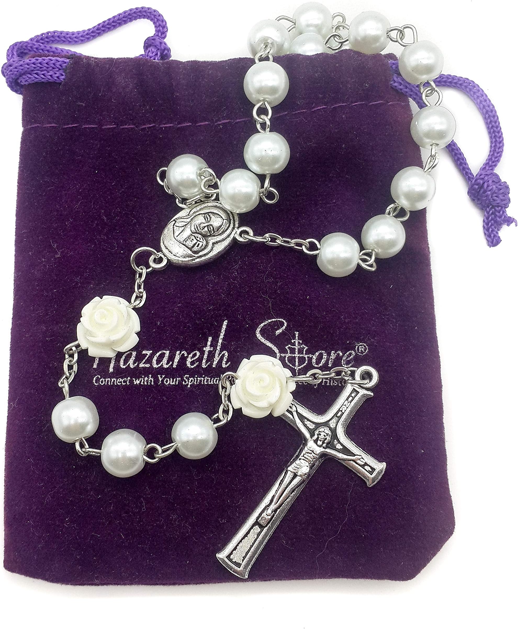 Nazareth Store White Pearl Beads Rosary Roses Mystery Beads Prayer Necklace Our Rose Lourdes Medal and Cross Crucifix, Zinc