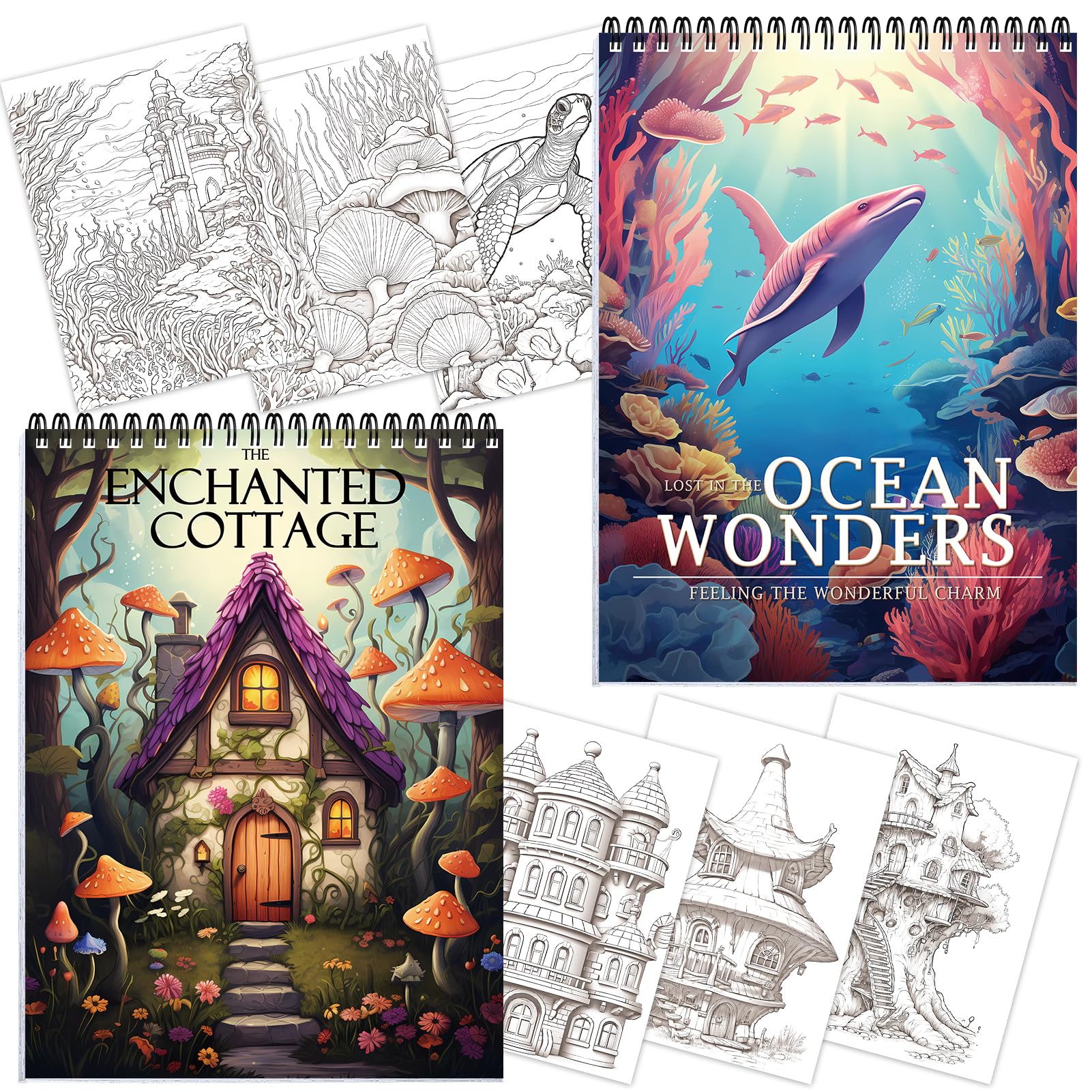 2 Pack Relaxing Coloring Books for Adult Coloring Spiral Bound Page One Sided Design Gift for Adult to Relax, Anxiety and Depression 60 Coloring Pages (Enchanted Cottage & Ocean Wonders)
