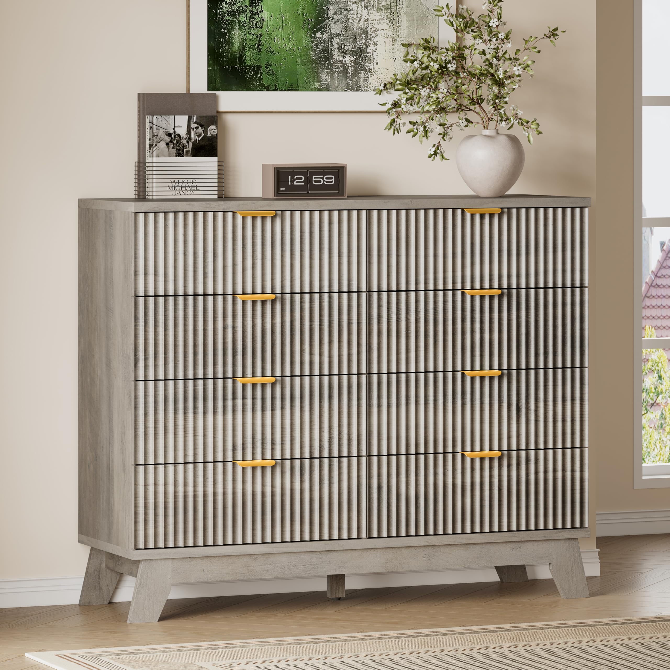 BORNOON Fluted 8 Drawer Tall Dresser, 47.2" Wide Modern Boho Chest of Drawers, Wooden Storage Dresser TV Stand for Bedroom, Living Room, Closet, Hallway, Curved Profile Design