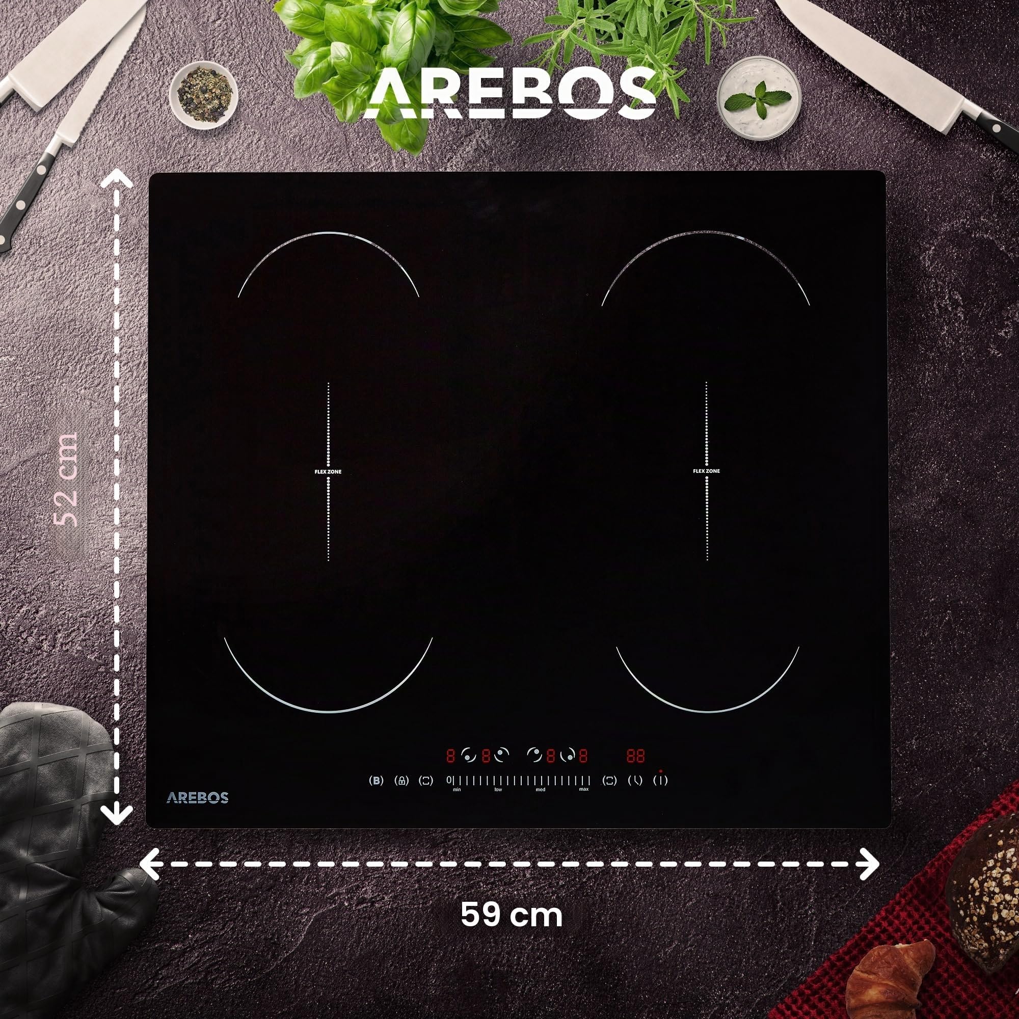 Arebos Induktionskochfeld autark 59x52 cm | 4 Kochzonen 7200 W Booster-Funktion | 2 Flexzonen Sensor-Touch | Timer Kindersicherung Überhitzungsschutz Autoabschaltung Schnellaufheizung