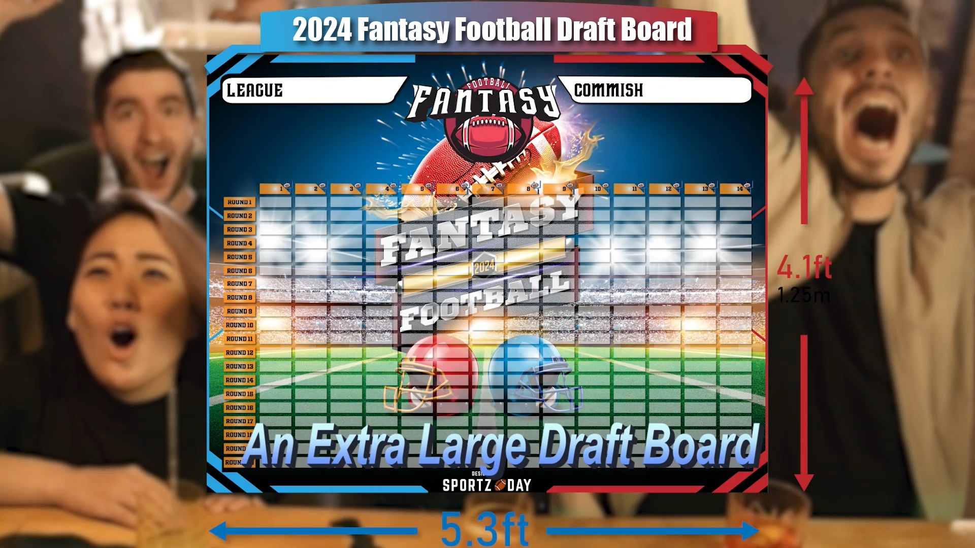2025 Fantasy Football Draft Board Kit - XL 6x4 Ft Vinyl, 14 Teams 20 Rounds, 560+ Player Stickers