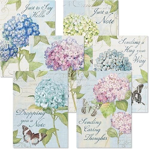 Hydrangea Thinking of You - Juego de 12 tarjetas de felicitación con diseño floral Susan Winget, tamaño grande de 5 x 7 pulgadas, tarjetas de