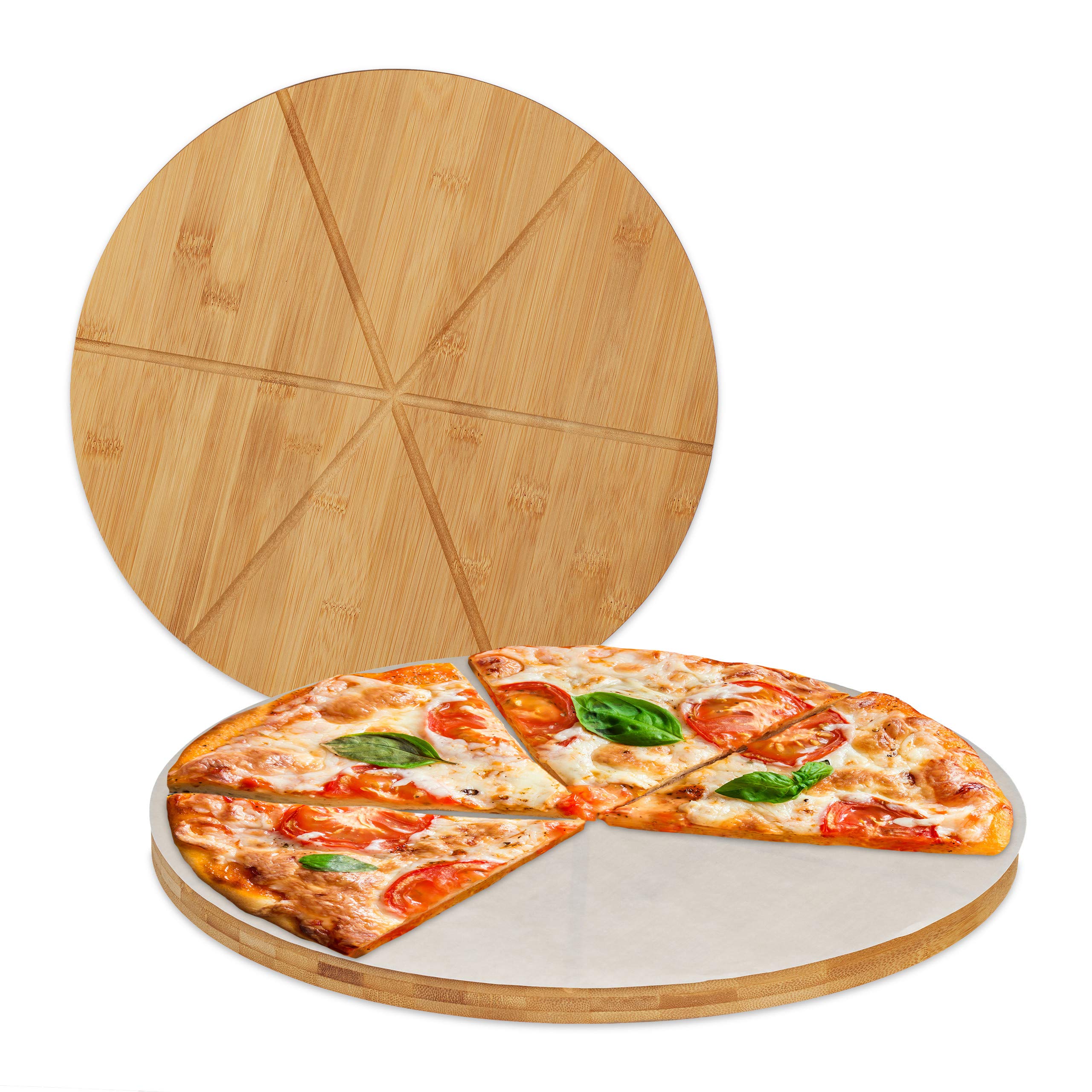 Relaxdays Planche Pizza, Bambou, x2, Assiette Ronde 33 cm, Papier de Cuisson, avec rainures pour Le découpage, Nature