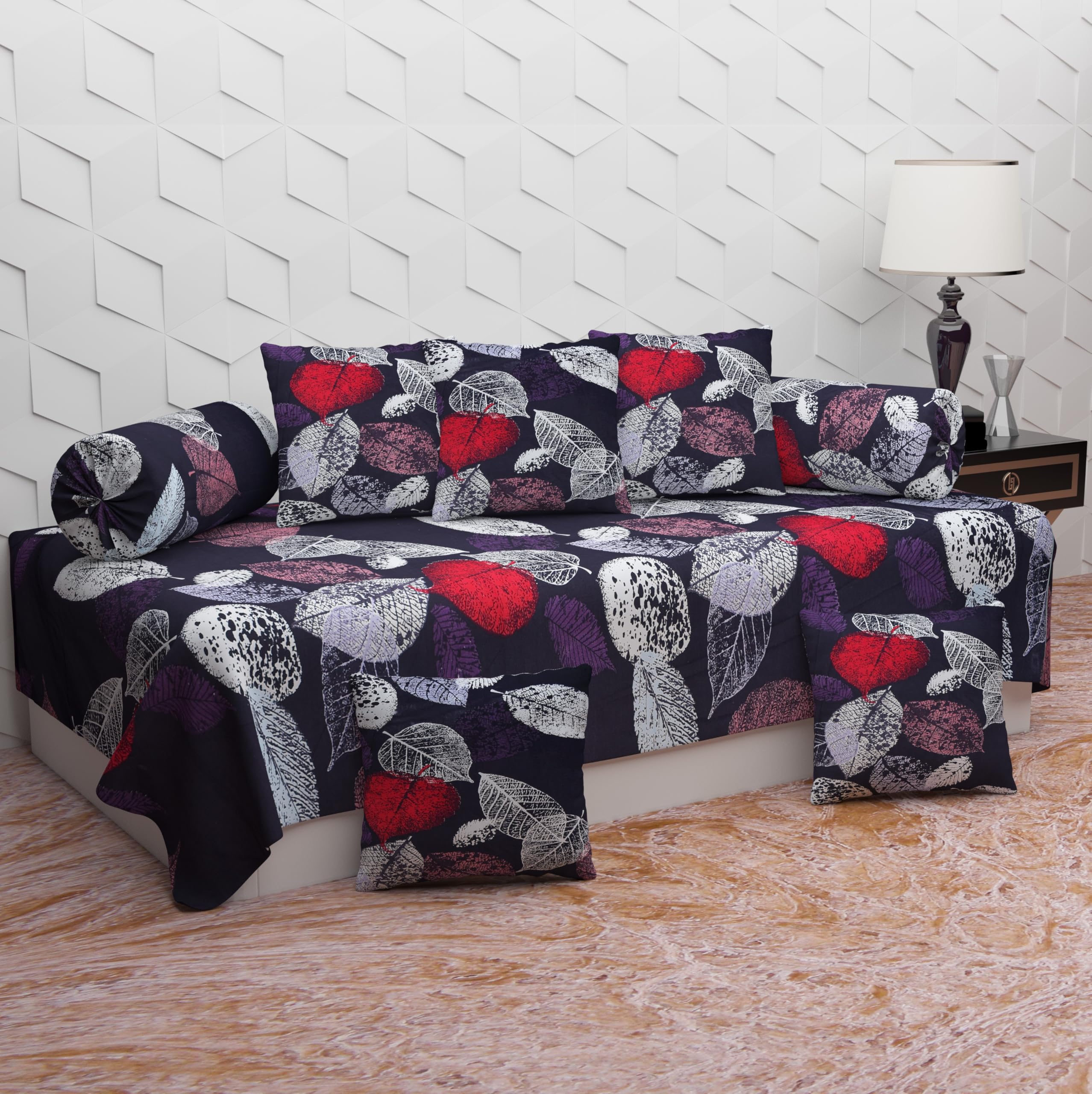 VOMZER Diwan Set Covers Cotton 8 Pieces Cotton Feel Designer Printed Diwan Set (1 Single Bedsheet, 2 Bolster Covers, 5 Cushion Covers) Black Leaf-image-31