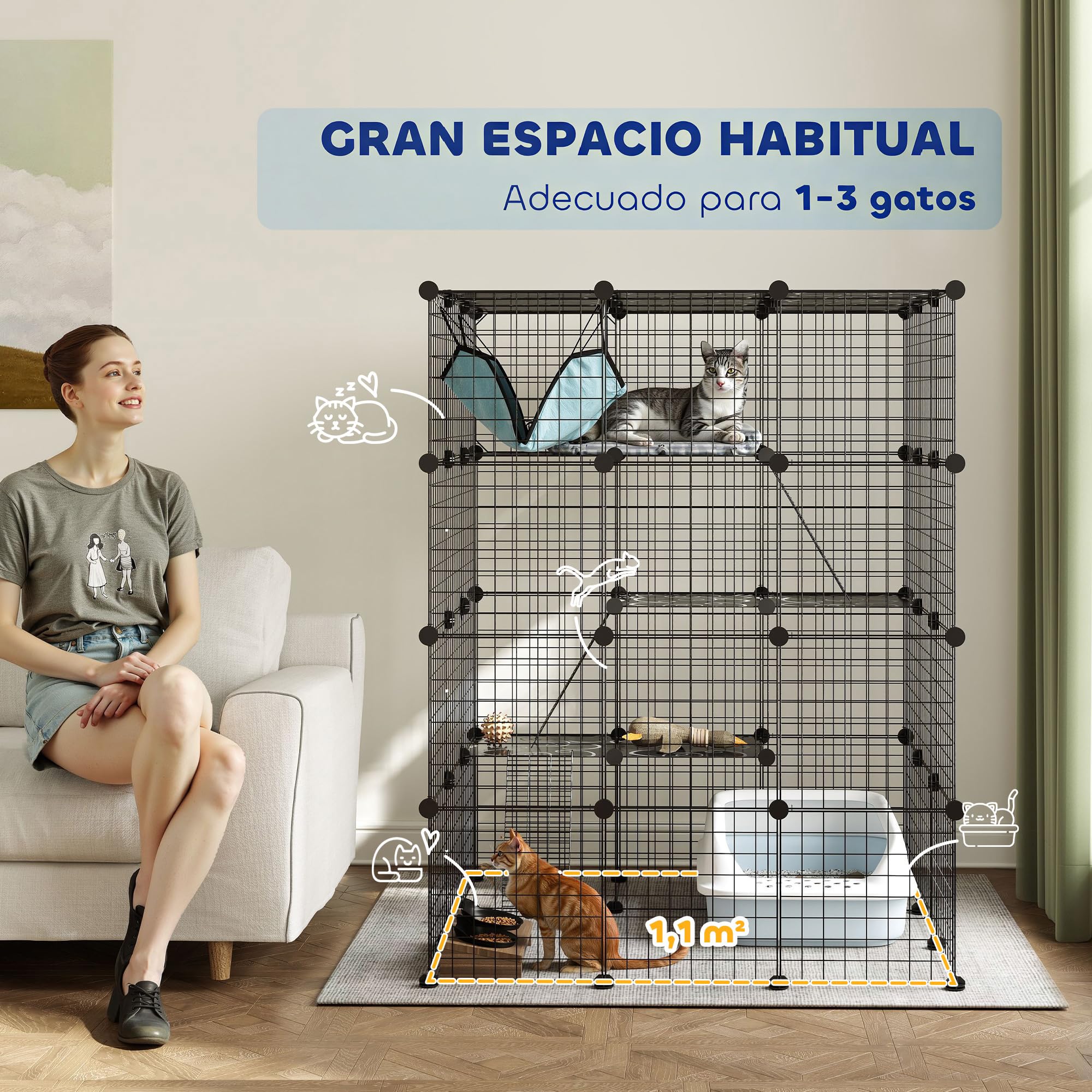 PawHut Jaula Grande para Gatos Interior de 4 Niveles con 5 Puertas, 3 Plataformas de Salto y 3 Rampas, Hamaca, Recinto y Parque para Mascotas, 105x105x140 cm, Negro