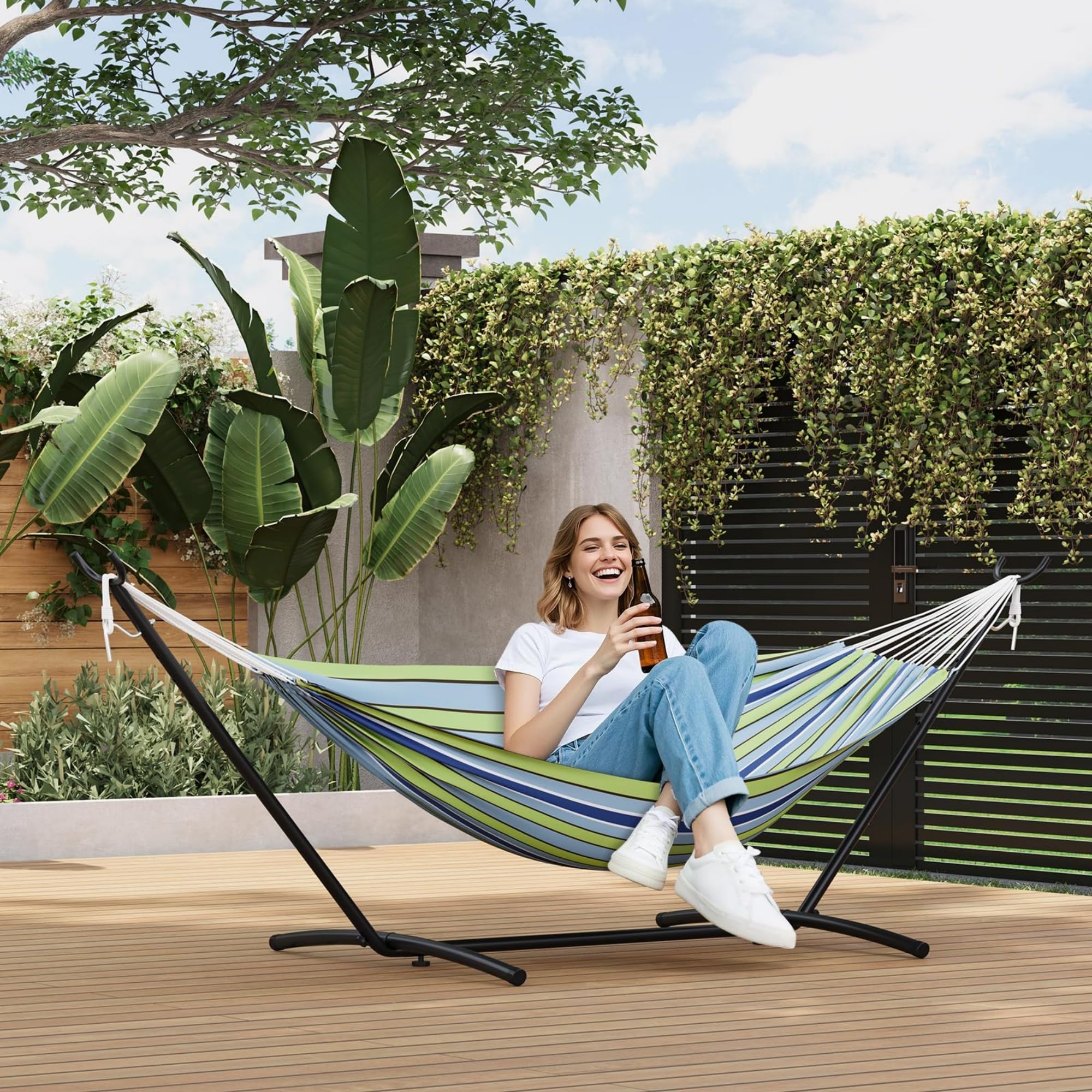Hamaca al aire libre con soporte, hamaca portátil para patio, balcón jardín, hamaca doble pie para terraza de camping