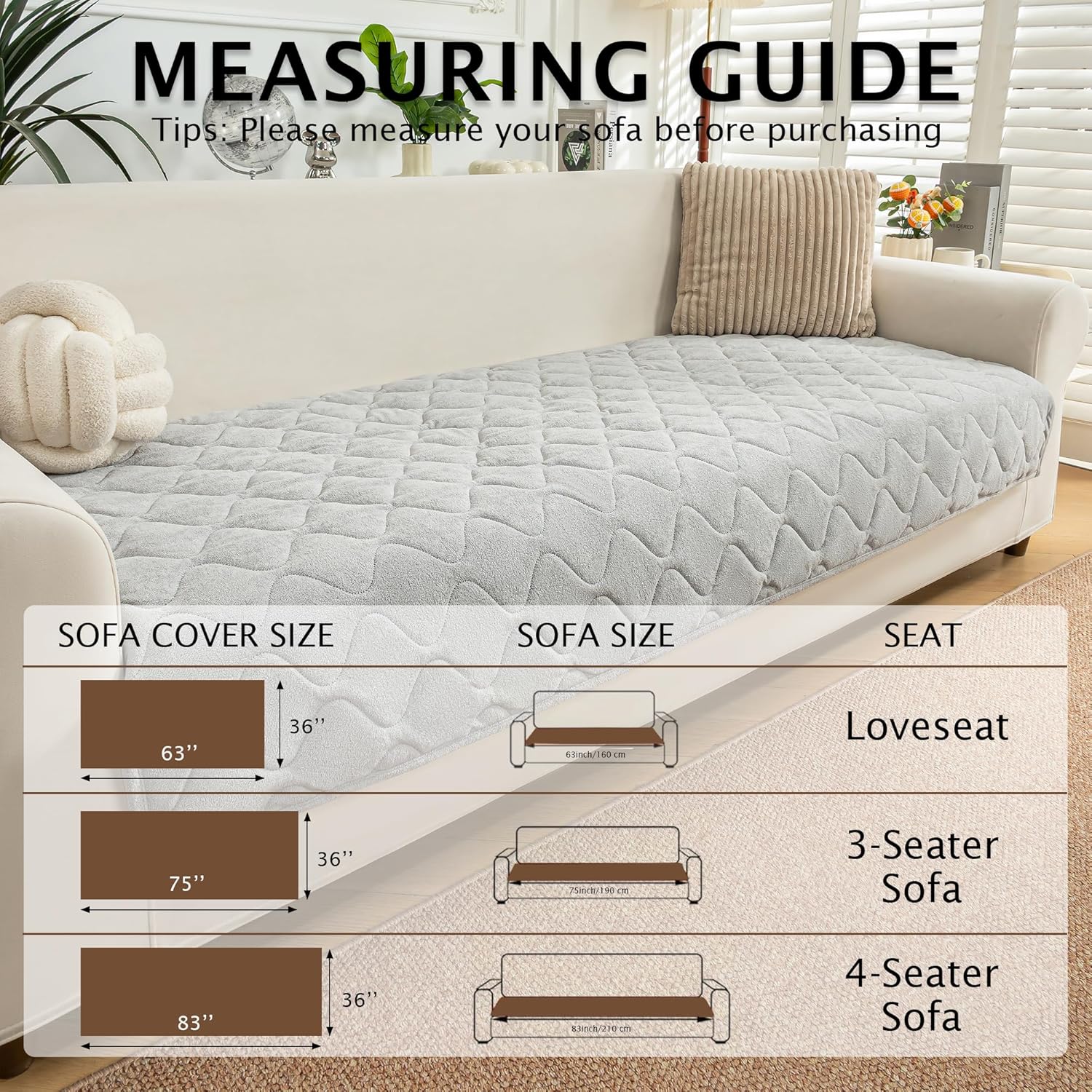 PuTian Waterproof Couch Cover for Dogs - Washable Sectional Sofa Cover with Non-Slip Straps, Pet Friendly Couch Protector & Dog Mat - 36''X83'' 90cmX210cm Light Gray
