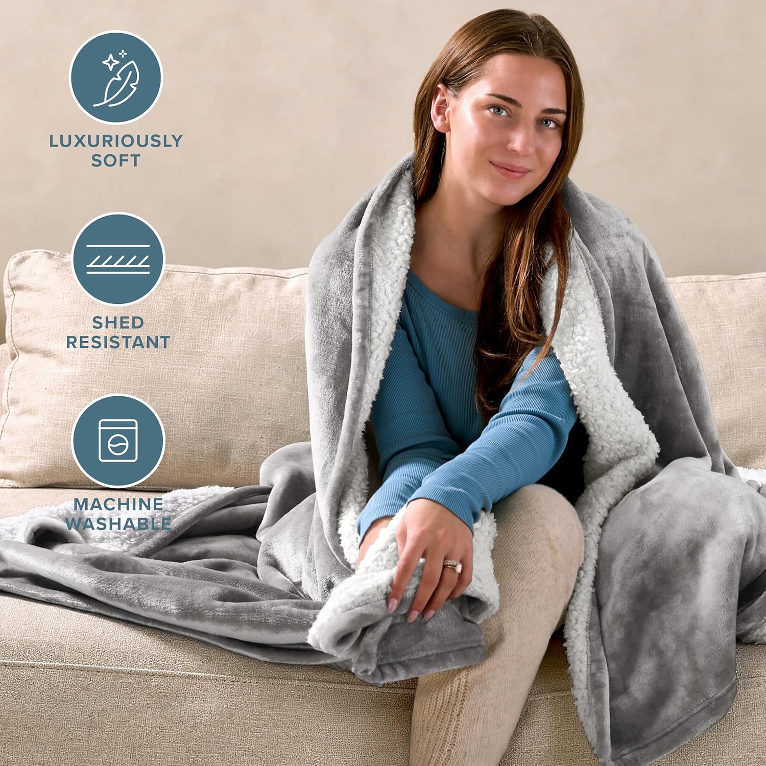 Bare Home Sherpa Fleece Blanket - King Size - Blanket for Bed, Sofa, and Couch - Warm & Lightweight - Fluffy & Soft - Reversible (King, Light Grey)