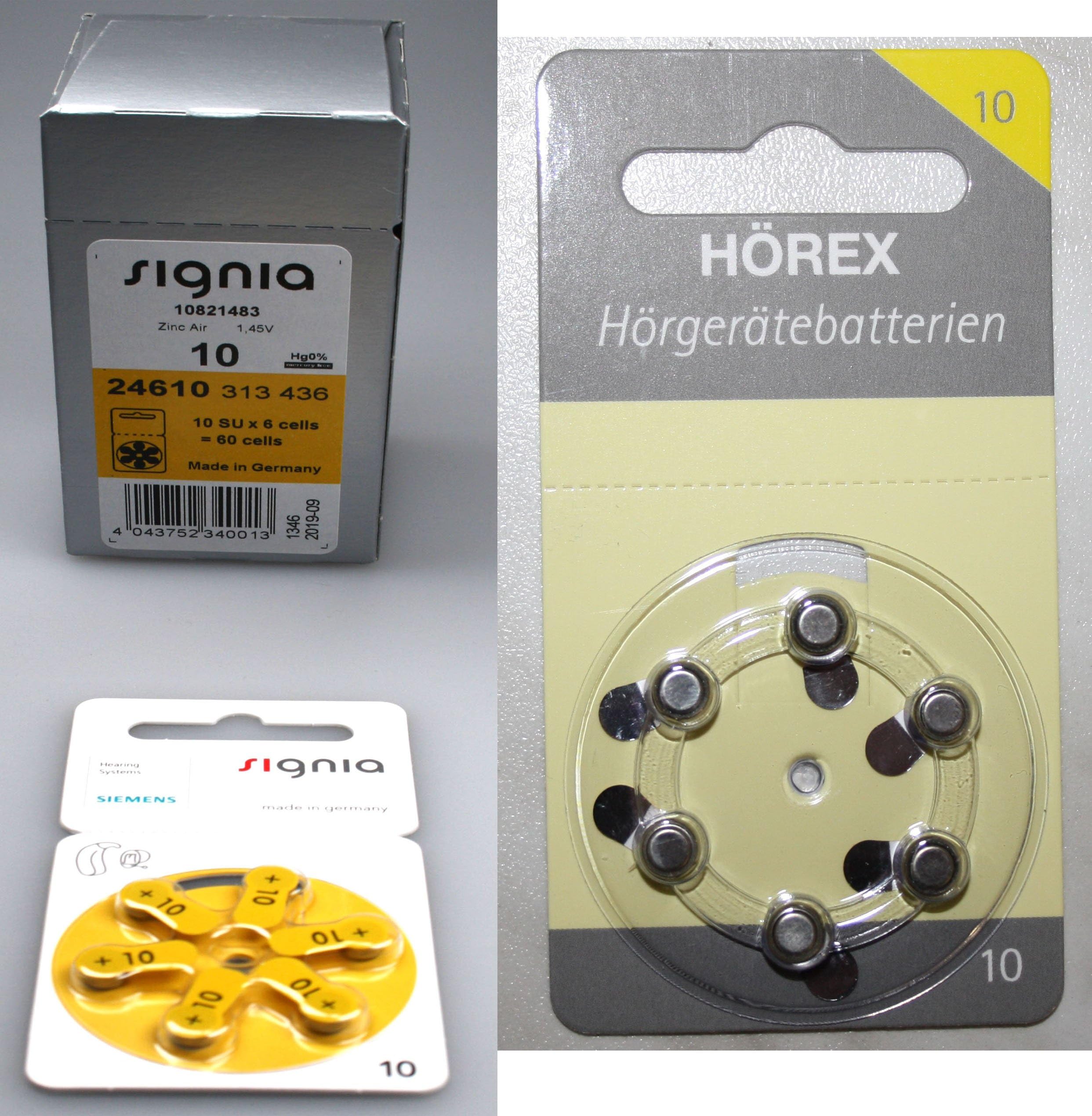 Siemens / Signia hearing aid batteries, 60 pieces + 12 test batteries from Hörex Basic