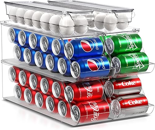 Sorbus Organizador de latas de soda para refrigerador y soporte para huevos para refrigerador, 4 dispensadores apilables con capacidad para 12 latas