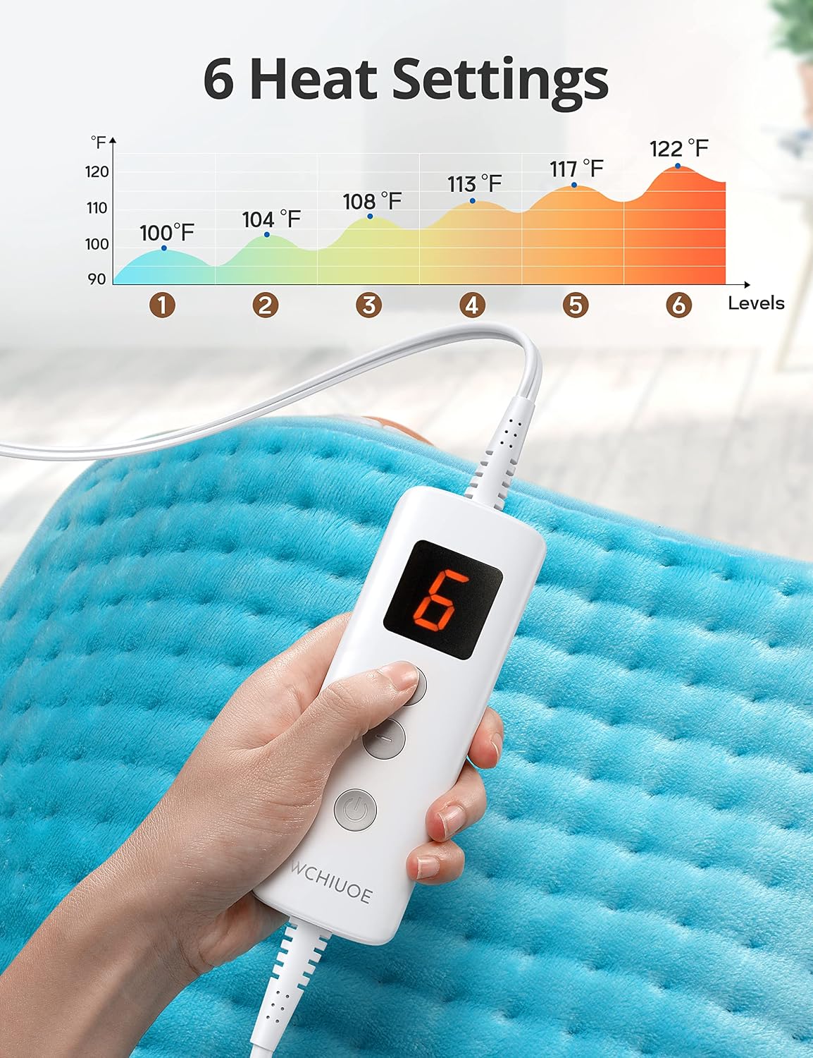 Wchiuoe 12 x 24" Electric Heating Pad for Back Pain and Cramps Relief, Large Heat Pad with 6 Heat Settings, 2H Auto Off, Soft Flannel, Machine Washable