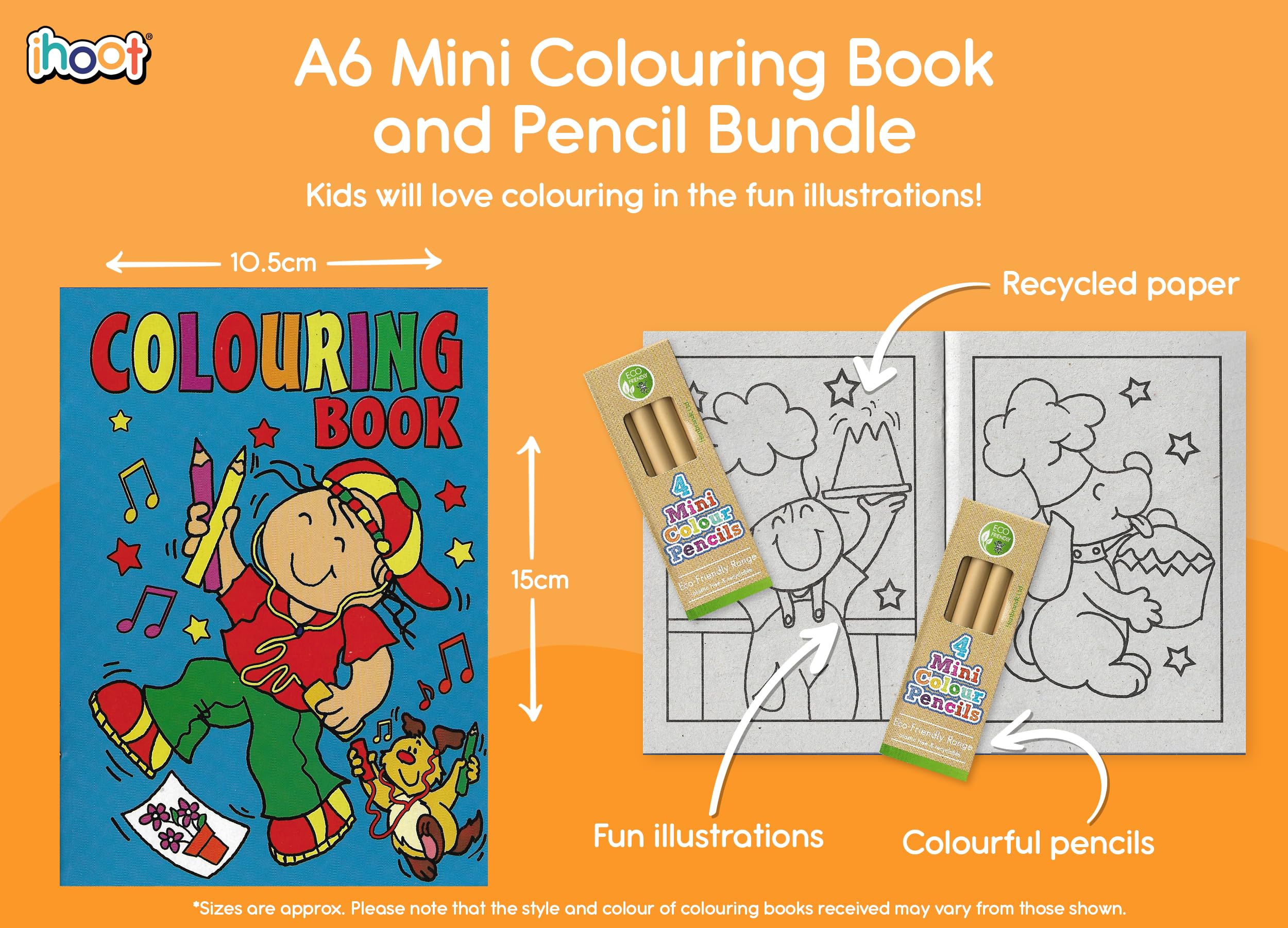ihoot Pack of 12 A6 Kids Colouring Books and 12 Packs of Colouring Pencils, Multicolor, Small - Image 3