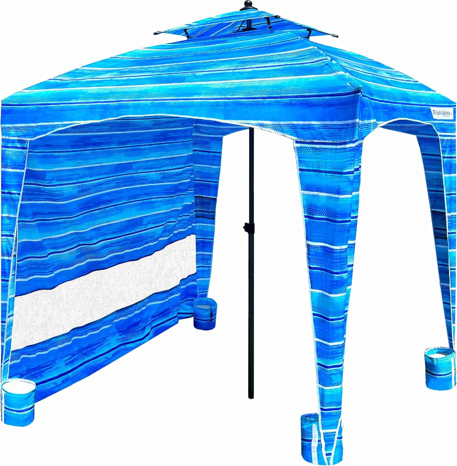 Beach Cabana Canopy Shelter – Sun Shade Tent – 6’ X 6’ - UPF 50+ - Waterproof - Easy Setup – 2 Layer Wind Vent Umbrella – 6 Ft X 6 Ft – BONUS sidewall – Beach, Lake, Park for Family - 2 to 4 People Shelter Beach Blue