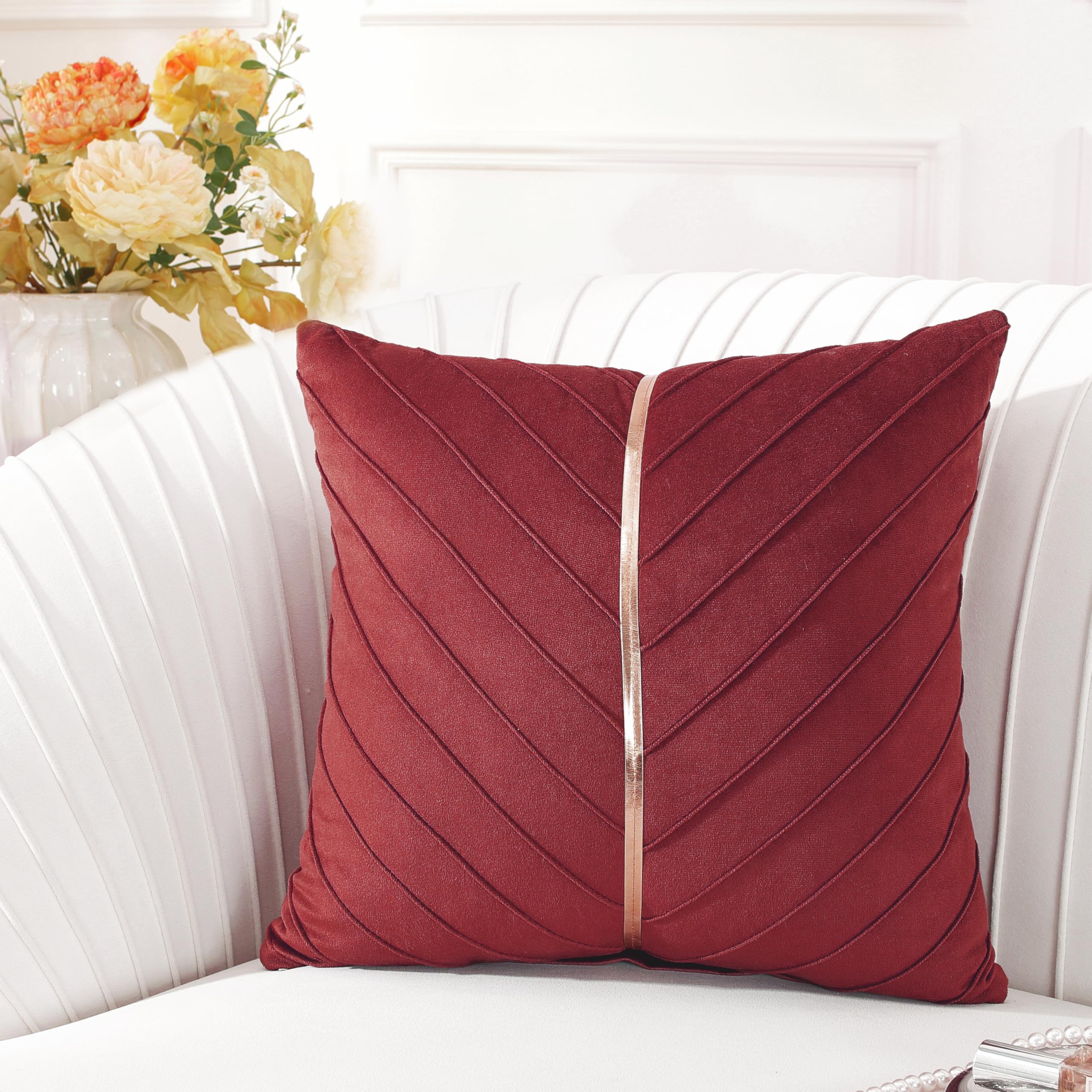 TAOSON Wine Red Velvet Throw Pillow Covers,Pack of 2 with Gold Leather Valentines Day Decor Couch Pillowcases Luxury Modern Pillow Cover for Wedding Living Room Bedroom Sofa Cushion Bed, 18x18 inch
