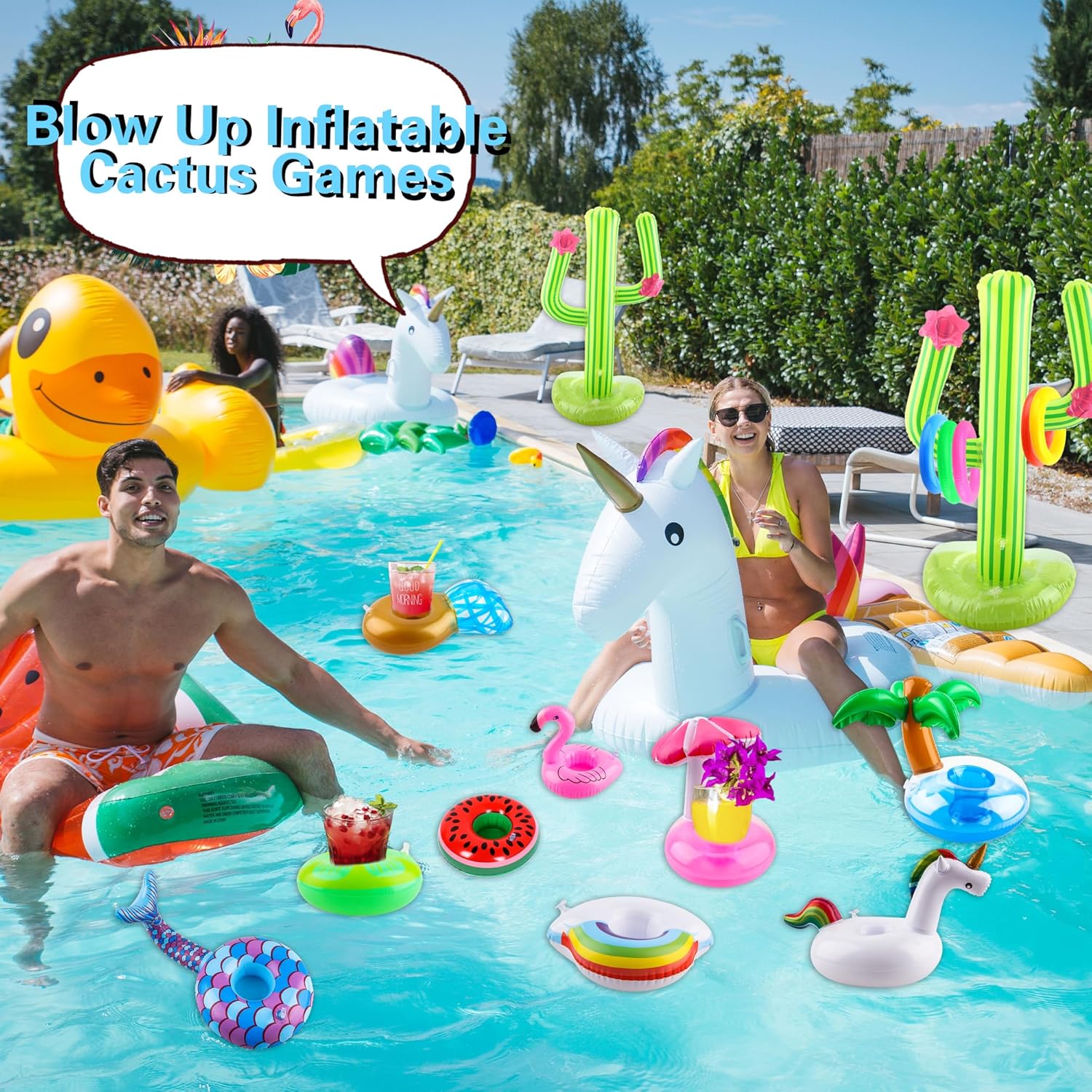14 Pack Inflatable Drink Holder Floating Cup Holder Pool Drink Holder Floating Coasters and Set of Inflatable Cactus Ring Toss Game for Kids Summer Water Activities Pool Party Supplies