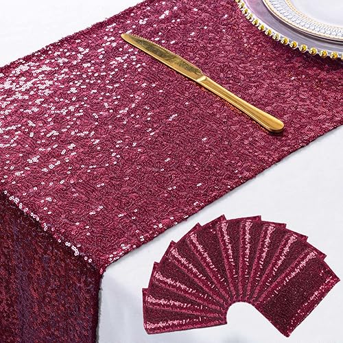 ShinyBeauty Camino de mesa de lentejuelas burdeos de 12x108 pulgadas, camino de mesa vino, paquete de 10 cubiertas de mesa para decoraciones de