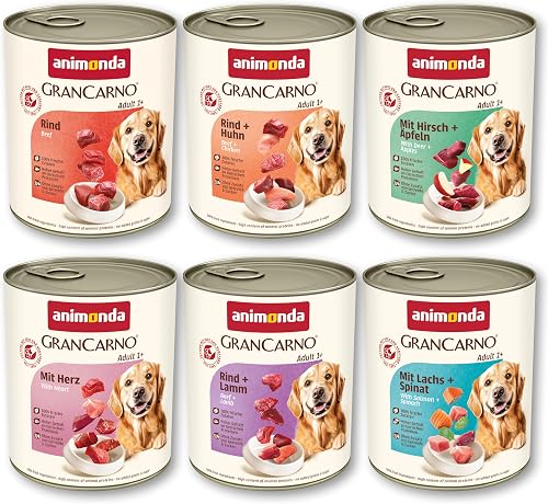 animonda GranCarno Adult Wet Dog Food Savoury Variation (6 x 800 g) | Dog wet food for adult animals, wet food for dogs with fresh, meat ingredients, grain-free, variety mix
