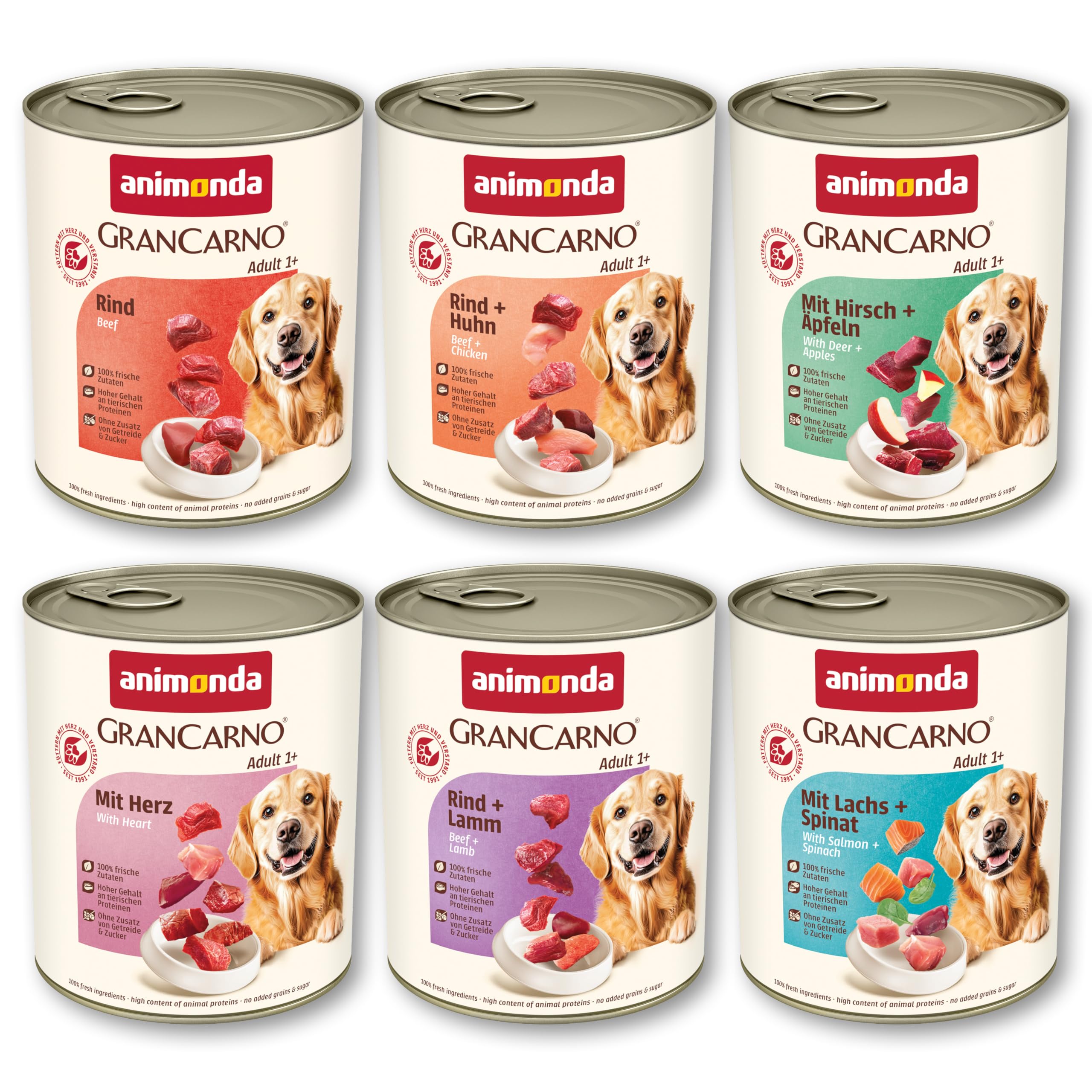 animonda GranCarno Adult Herzhafte Variation (6 x 800 g), Hunde Nassfutter für ausgewachsene Tiere, Nassfutter für Hunde mit 100% frischen, fleischlichen Zutaten, Hundefutter ohne Getreide