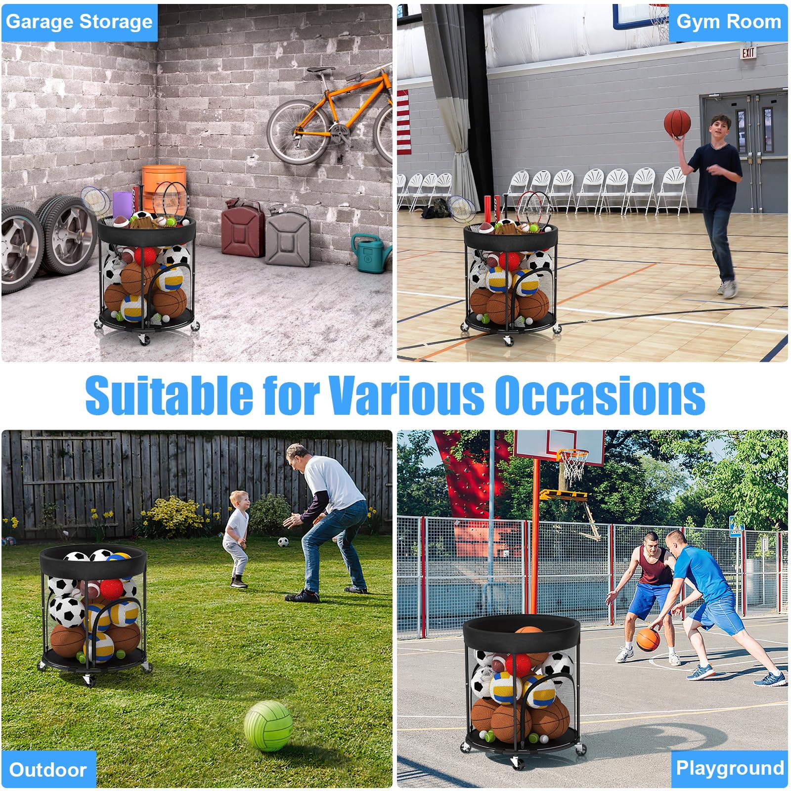 Ballaufbewahrung, Garage, Sportausrüstung, Organizer, Basketballhalter, Ballregal, Basketball-Organizer, Spielzeug-Aufbewahrung, Ballwagen mit Rädern, seitlichem Reißverschluss, einfacher