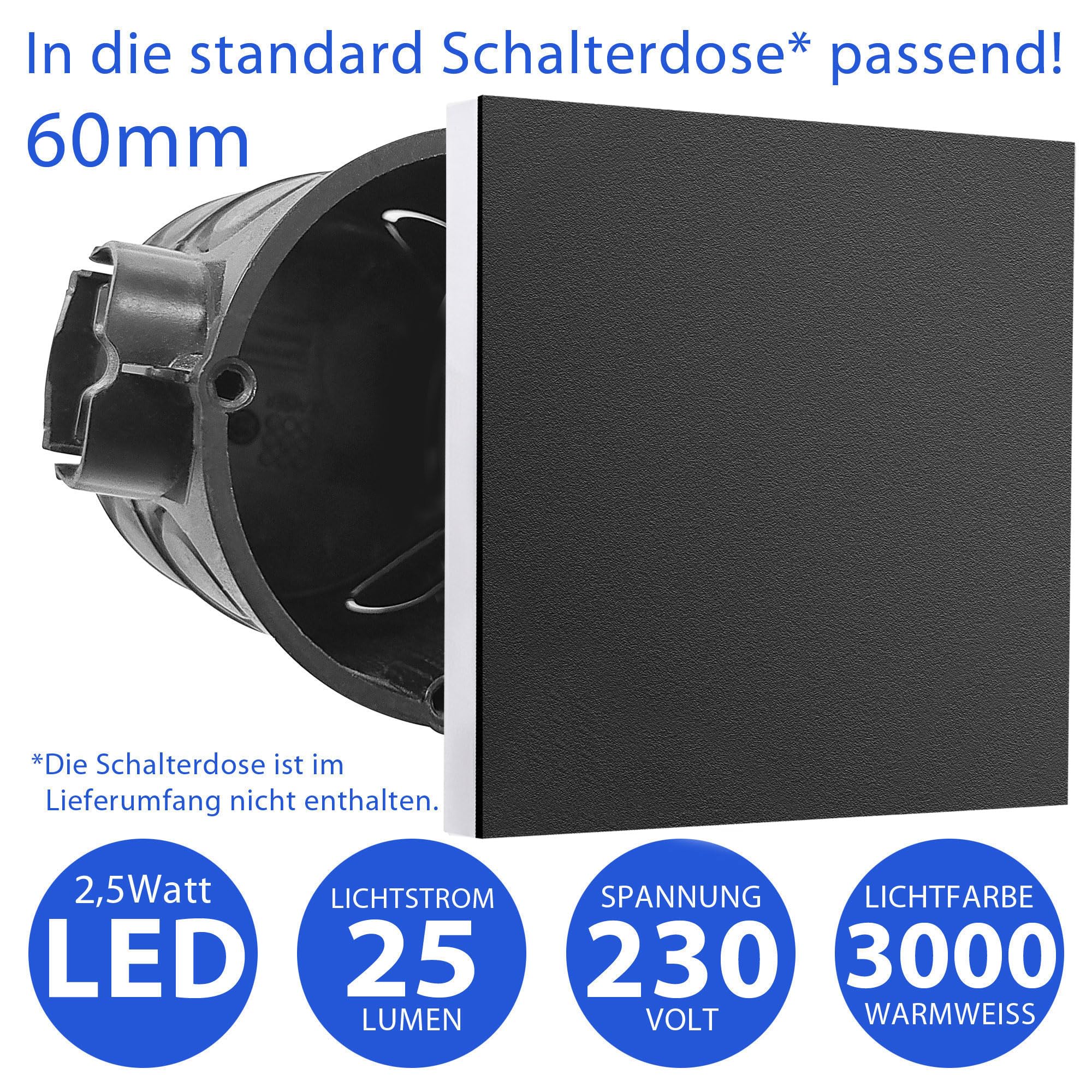 Maxkomfort 6er Treppenbeleuchtung LED schwarz 230V, Warmweiß 2,5W, Eckig, Einbau Wandstrahler, Flur Nachtlicht - 6107-BK