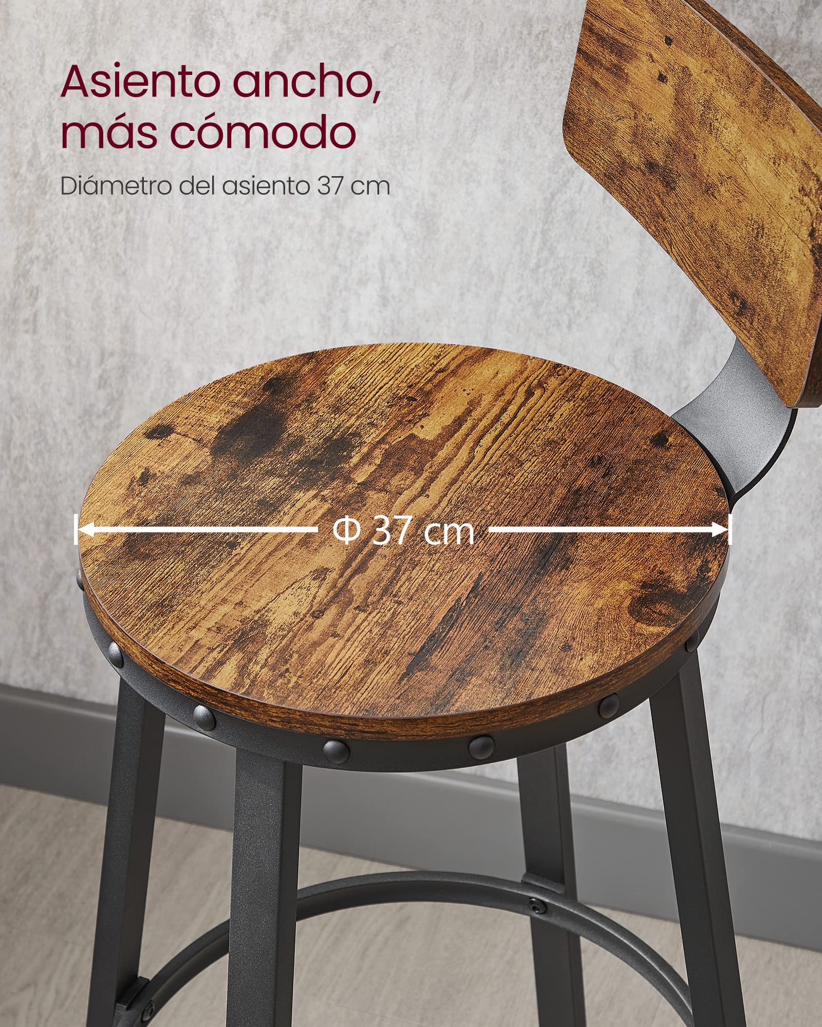 VASAGLE Taburete Alto de Bar, Juego de 2, Taburete de Cocina, con Respaldo, Marco de Acero, Asiento de 73,5 cm de Altura, Fácil Montaje, Estilo Industrial, Marrón Rústico y Negro Tinta LBC026B01V1
