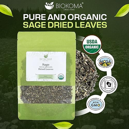 Miniatura 3 de Biokoma Hojas secas de salvia orgánica, 1.76 onzas (1.76 onzas) en bolsa resellable a prueba de humedad, certificado orgánico por USDA, té de
