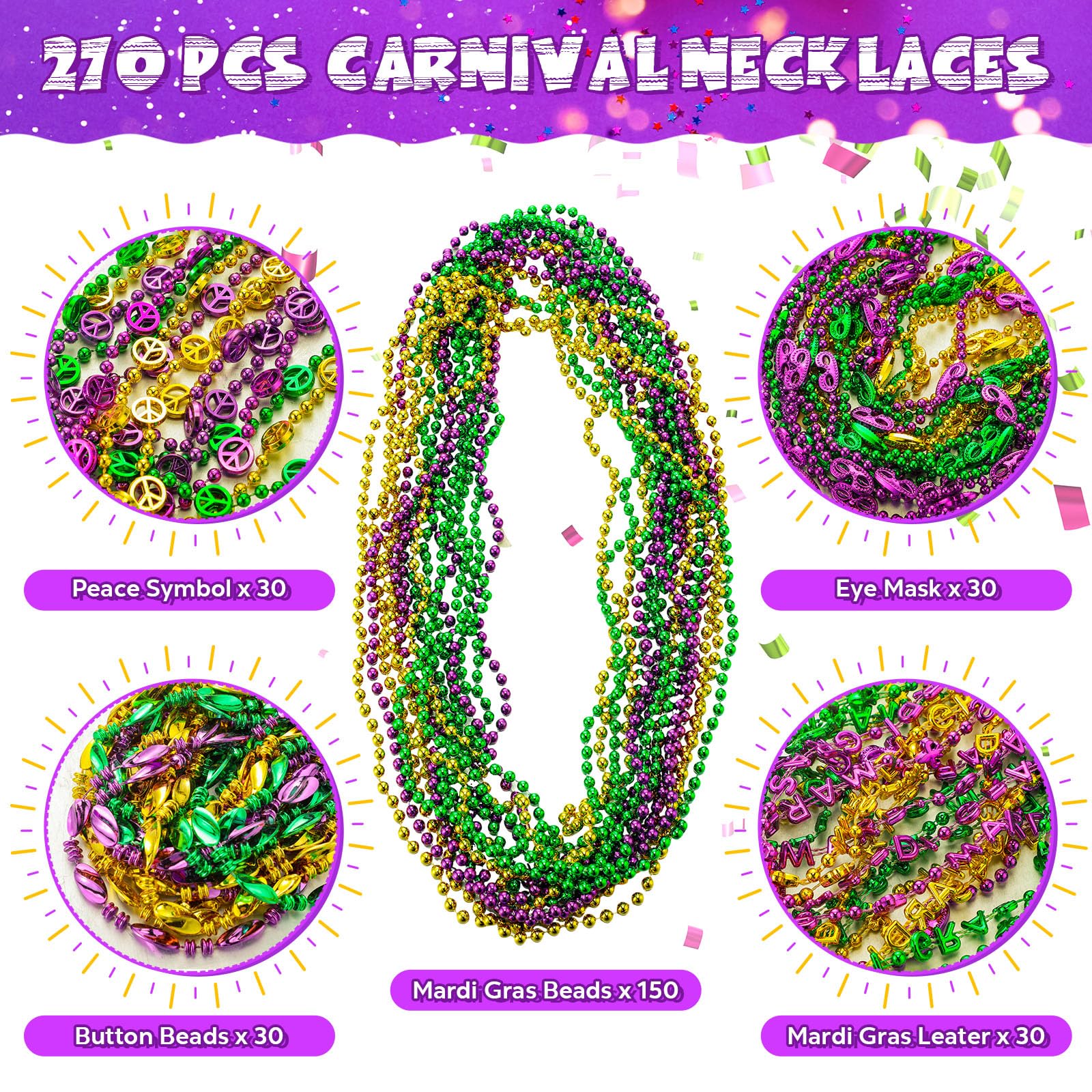 Quelay 270 Pcs Mardi Gras Beads Necklace Throws Bulk Purple Gold Green Carnival Beaded Necklaces for Parades Decoration, Mardi Gras Festivals, Masquerade Ball, Costume Party