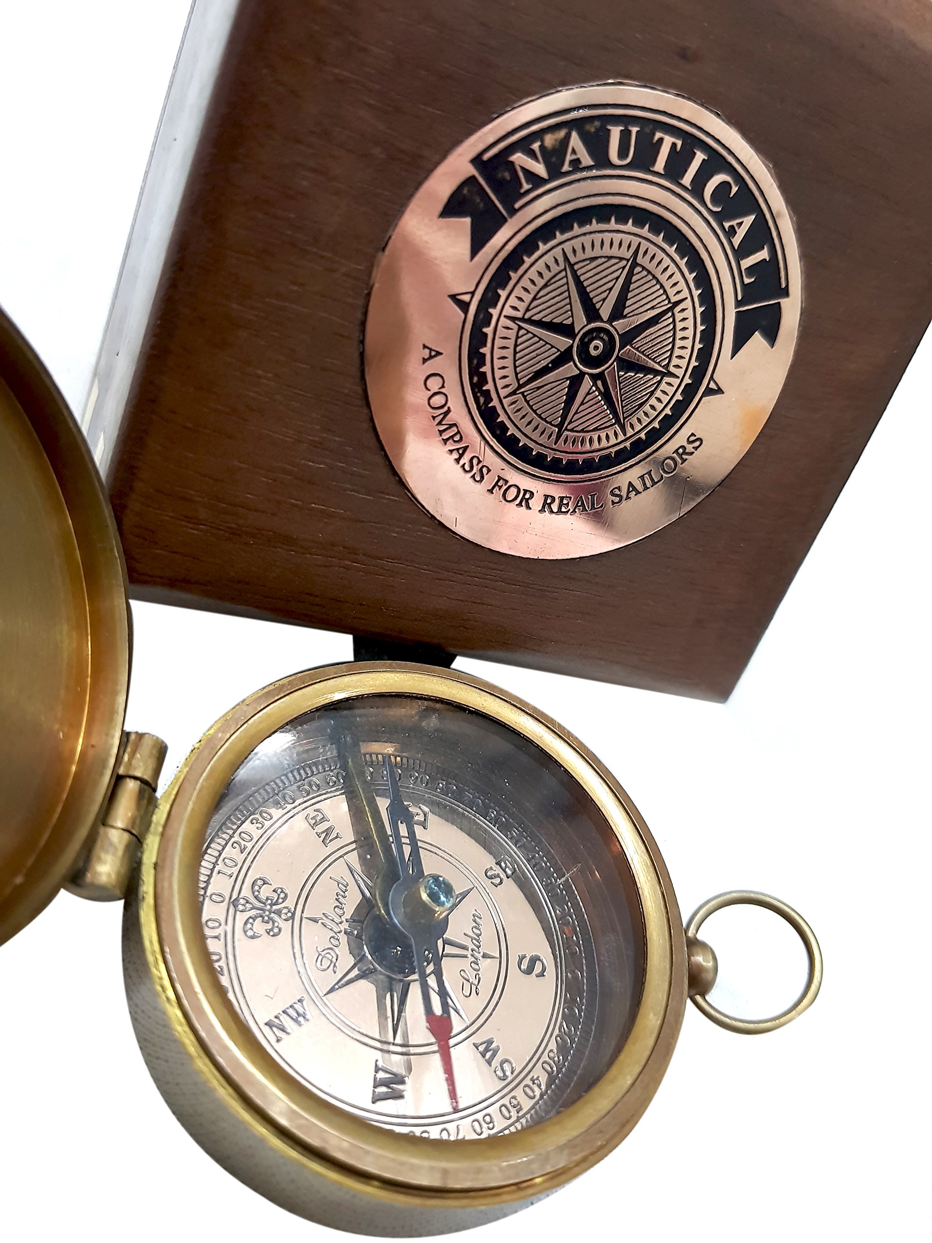Antique Brass Marine Compass with Wooden Box 2 Inch Magnetic Nautical Navigation Tool Vintage Collectible for Sailing Hiking Camping Gift for Collectors