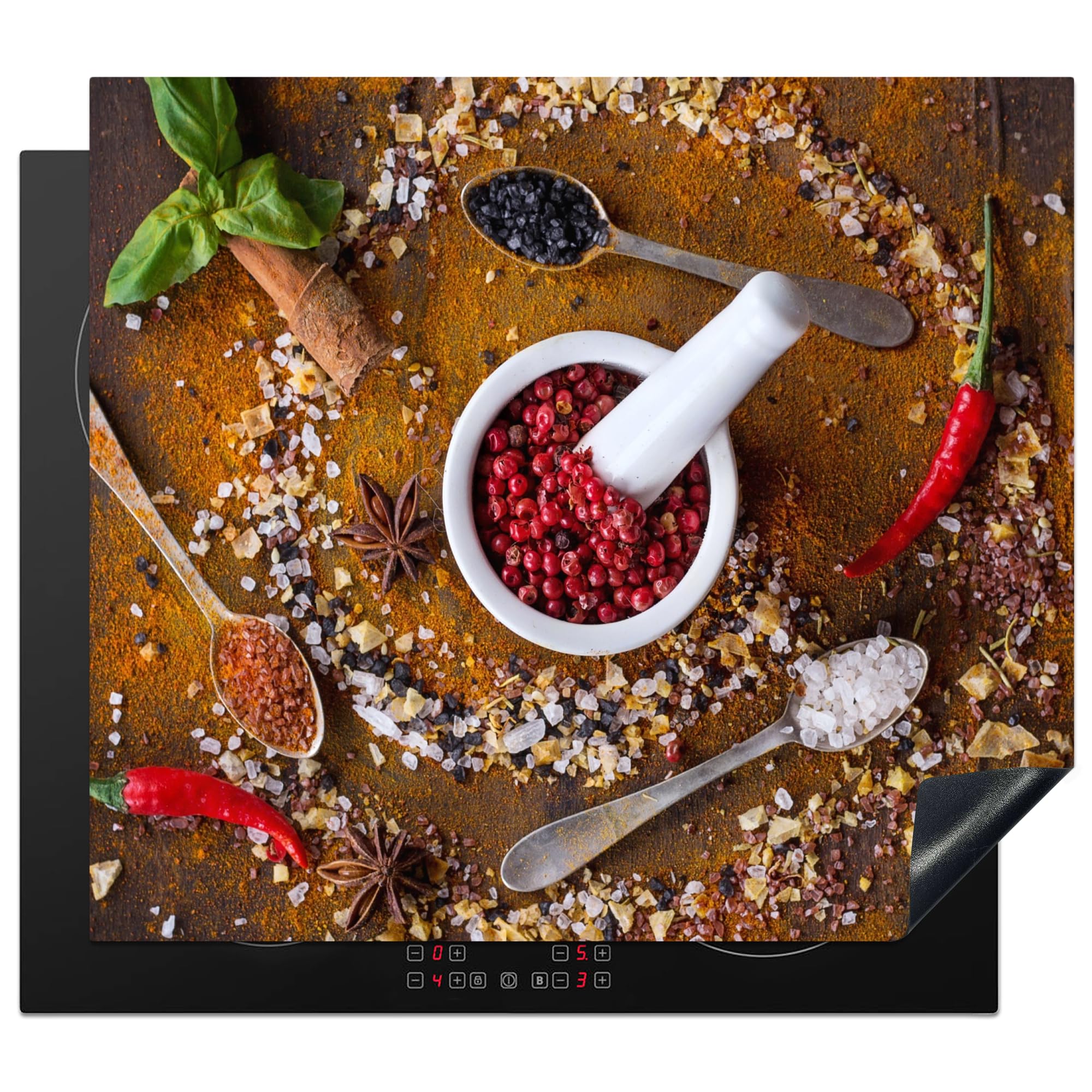 KitchenYeah© Induction Hob Protector Mat 20.1"x23.2" / 59x51 cm Cooker Top Protectors Cover Ceramic Covers Electric Hobs Vinyl Mortar - Herbs - Spoons - Spices - Brown - Pepper