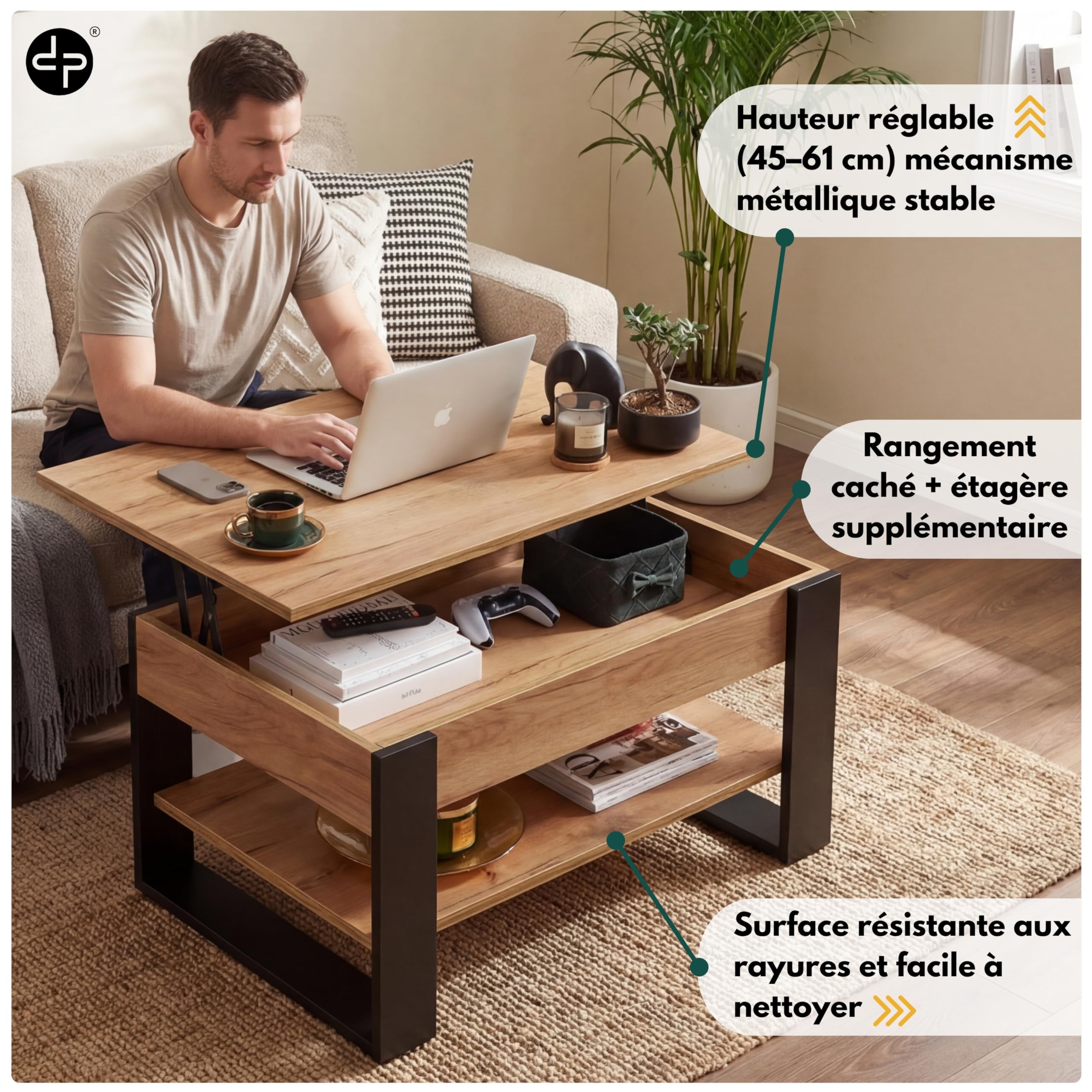 defiPad Table Basse Relevable avec Rangement – Table de Salon Moderne Industriel – Coffee Table avec Étagère et Compartiment Caché – Fabriquée en Europe – Plateau Réglable 45-61 cm (Noir + Chêne)
