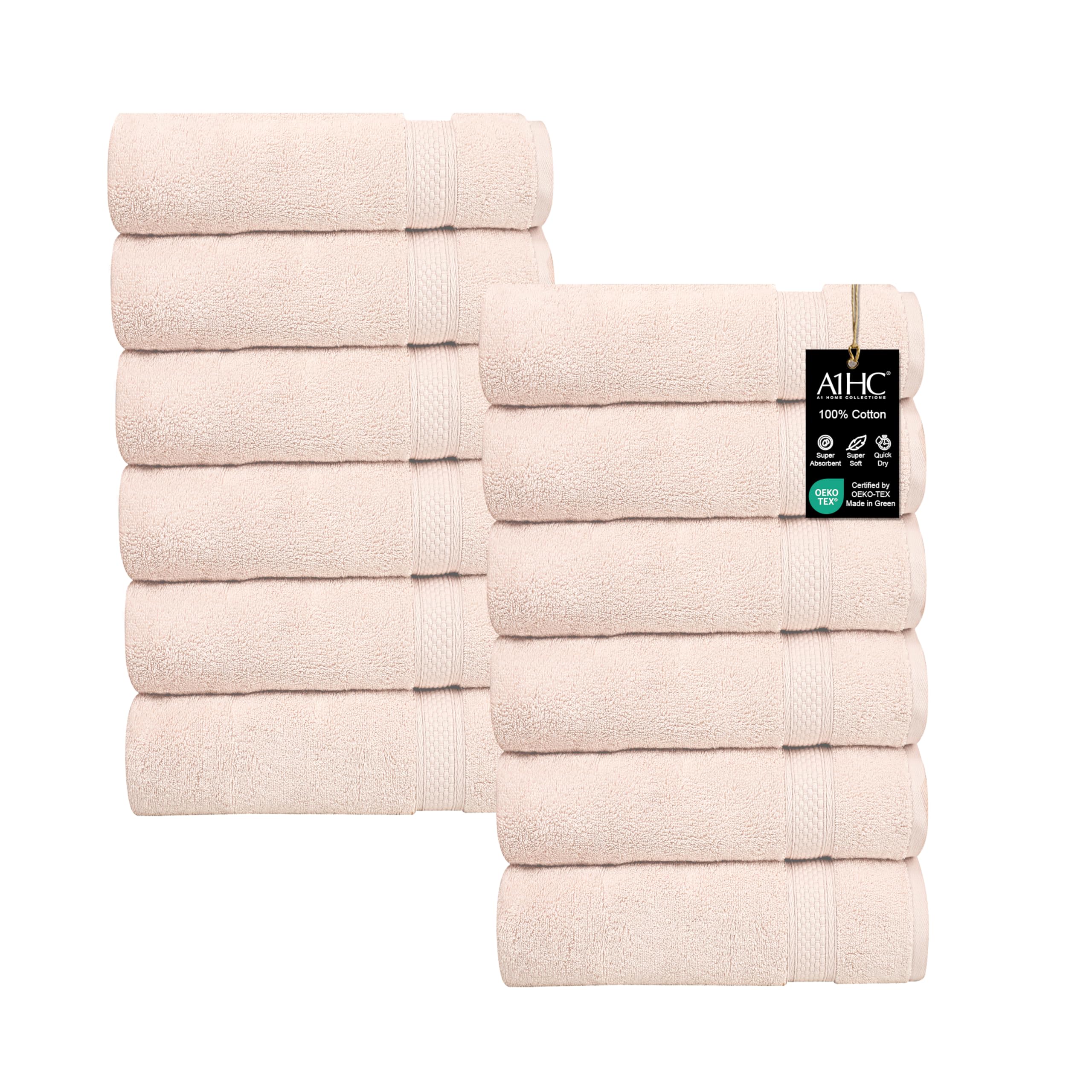 A1HC Wash Cloths Set (13x13 Inches), 500 GSM 100% Ring Spun Cotton, Oeko-TEX Green Certified, Zero Twist, Ultra Soft, Quick Dry & Highly Absorbent, Soft Washcloths (Peach Blush, 12 Piece Wash Cloth)