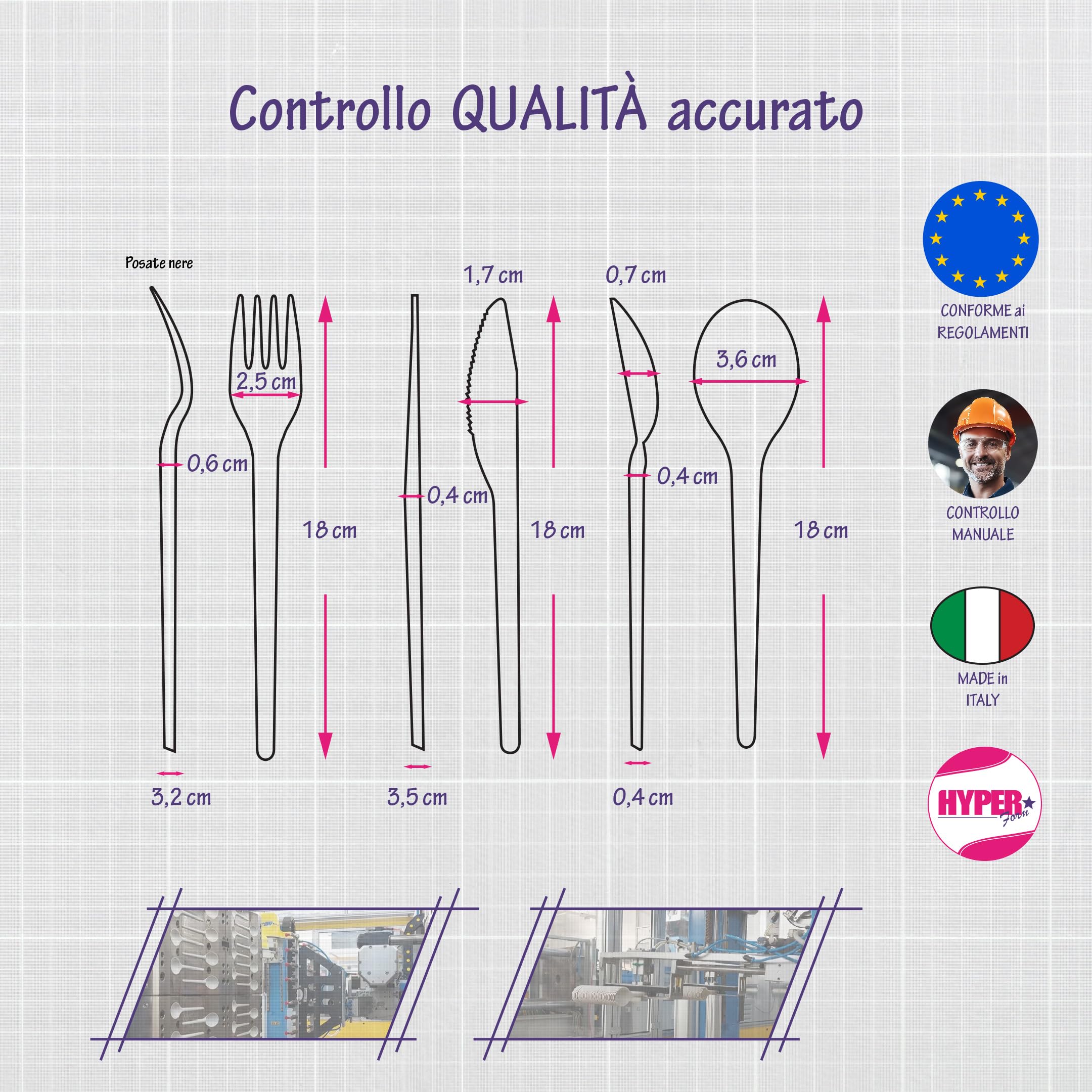 HYPER form Set Posate Riutilizzabili Nere (5gr), Tris "Forchetta Coltello Cucchiaio Tovagliolo" (100)