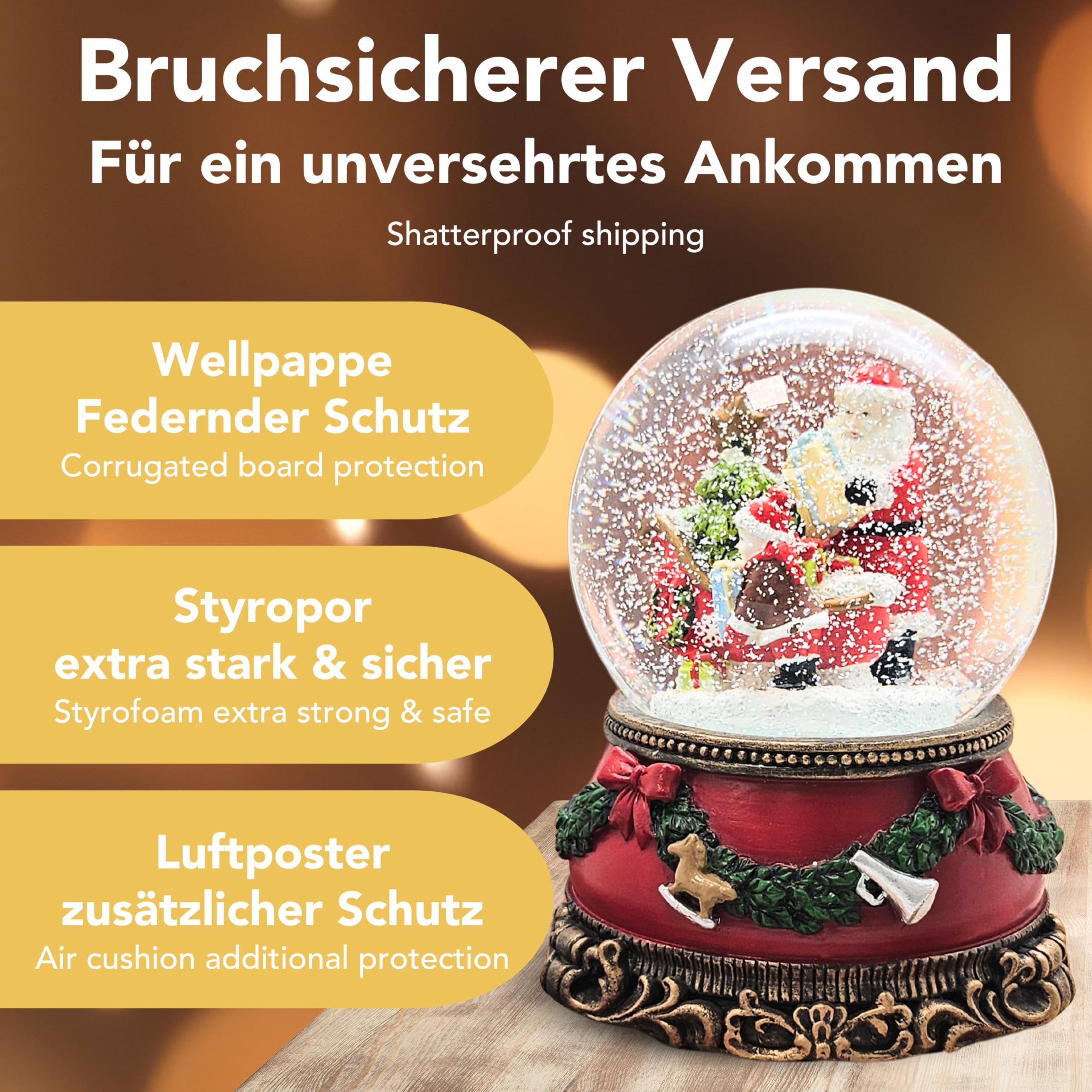 Schneekugel Weihnachten Spieluhr | Christmas Shopping | Weihnachtsmann mit Schlitten und Engel | Sockel Weihnachten rot Tannengirlande | mit Musik | Weihnachtsdekoration | B: 10 cm H: 14 cm | 20278