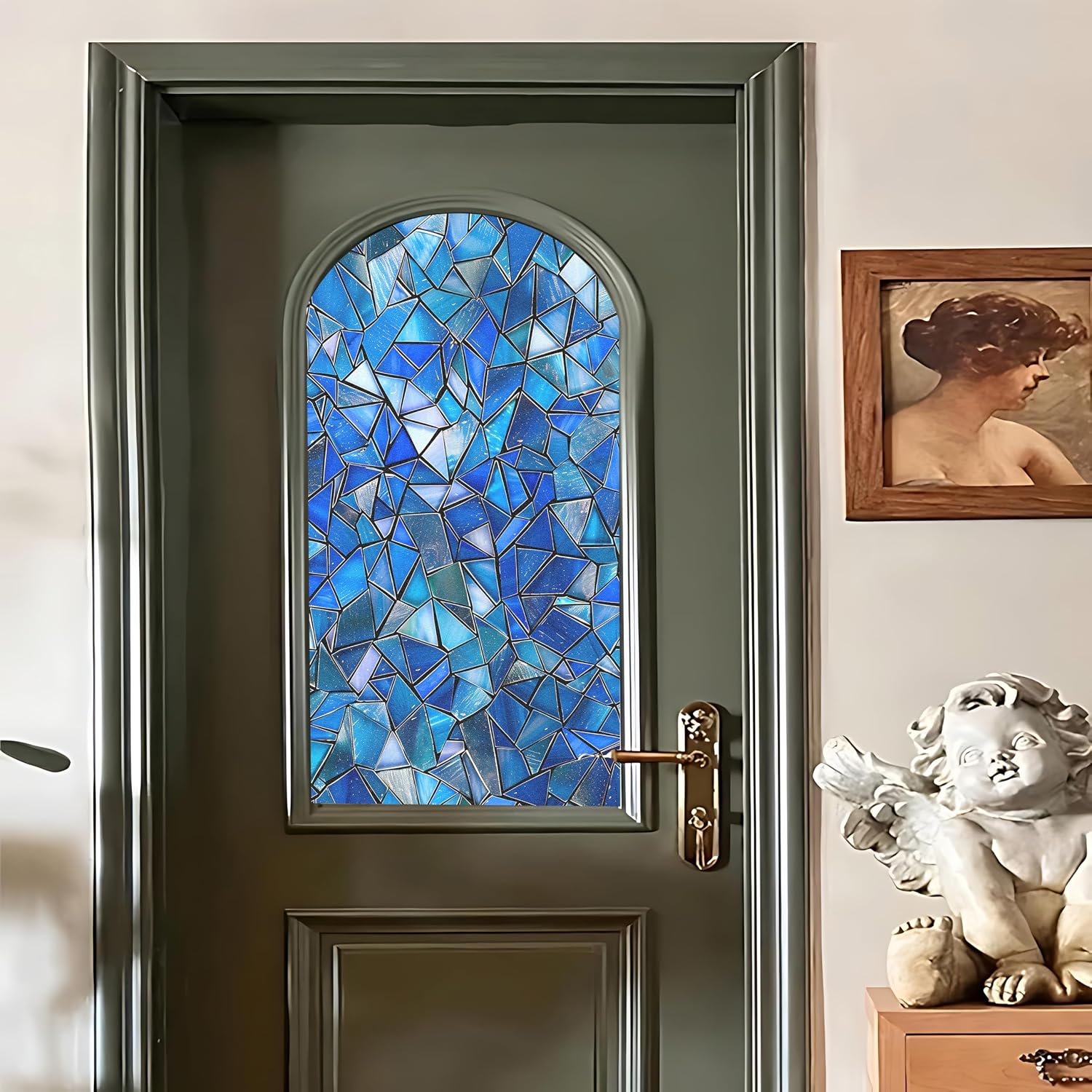 Decorative Window Film Privacy Window Film Window Cling Frosted Window Film 17.5 x 39.4 Inch Blue Geometric Stained Glass Pattern Window Covering for Bathroom Kitchen Bedroom Office Glass