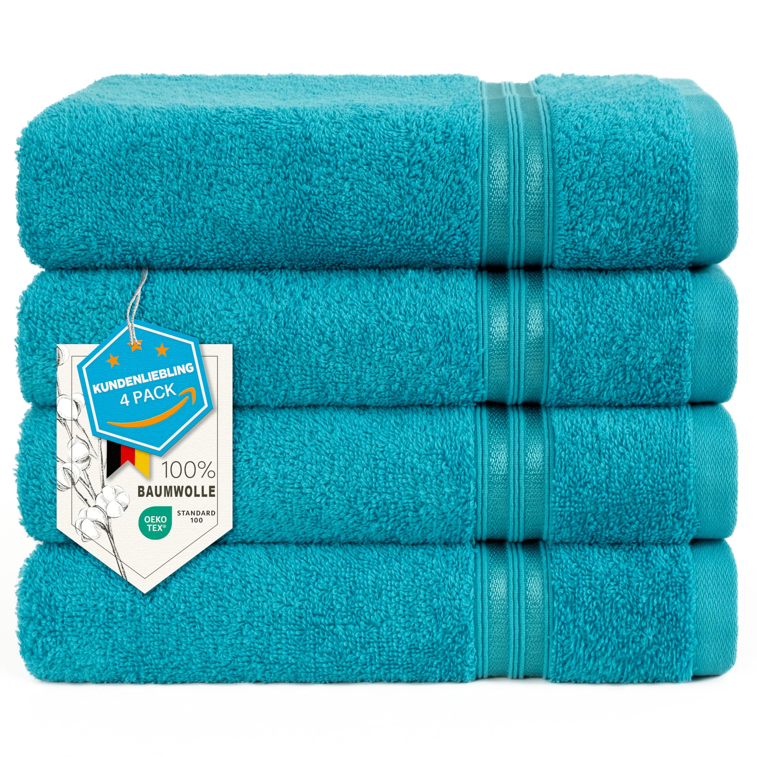 Hammetex Handtücher 50x100 cm 4er Set – 100% Baumwolle Frottier – Oeko-TEX Zertifiziert – Weich, Saugstark – mit Aufhänger, Türkis